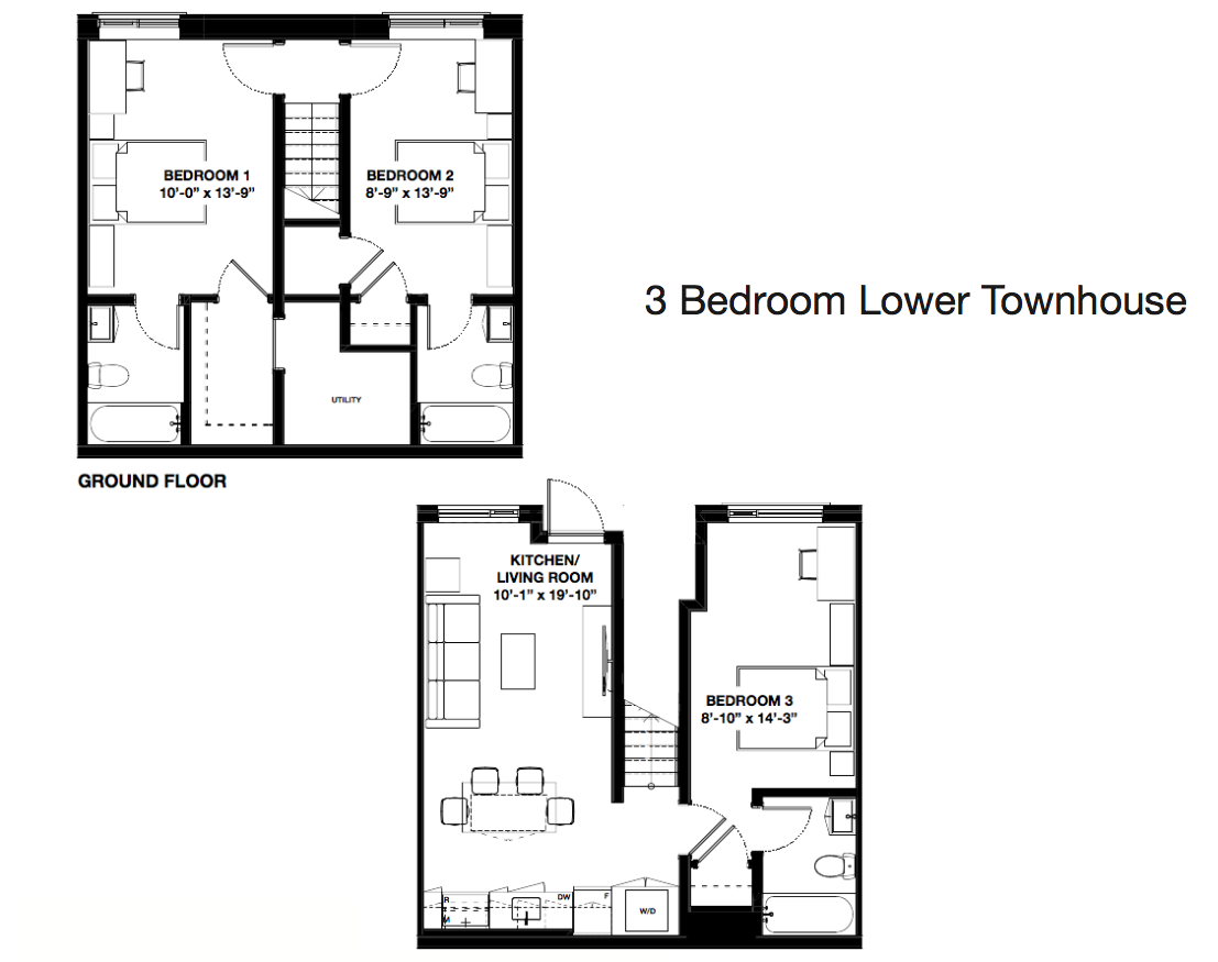 3 Bedroom Townhouse Lower Lease now for $735! The 3-bedroom townhouse lower suite features large bedrooms, spacious common areas for study sessions, and a full kitchen with stainless steel appliances. Your suite also includes a washer and dryer. All University Towns suites are fully furnished with new and modern furniture. Your suite includes: a bed and bed frame, a desk and desk chair, and a private bathroom for each resident!