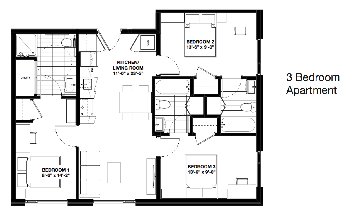 3 Bedroom Apartment Only a few spots left at $715! The 3-bedroom apartment suite is condo living in a beautiful brand new building. Your apartment features big windows, plenty of light, and a living room/kitchen perfect for gaming, studying, and Netflix binges. Want to get out of your suite? Your apartment is just down the hall from common areas and lounges so you can leave home, without going far at all. All University Towns suites are fully furnished with new and modern furniture. Your suite includes: a bed and bed frame, a desk and desk chair, and a private bathroom for each resident!