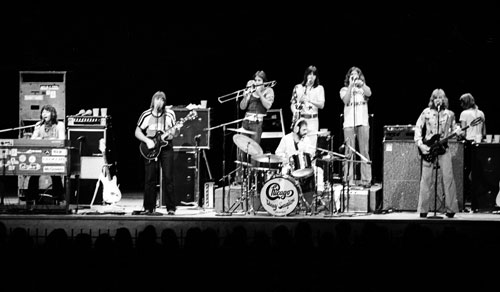 The original lineup of Chicago played a musically—and politically—charged Ravinia debut in 1972. Left to right: Robert Lamm, Terry Kath, James Pankow, Walt Parazaider, Danny Seraphine (seated), Lee Loughnane,and Peter Cetera