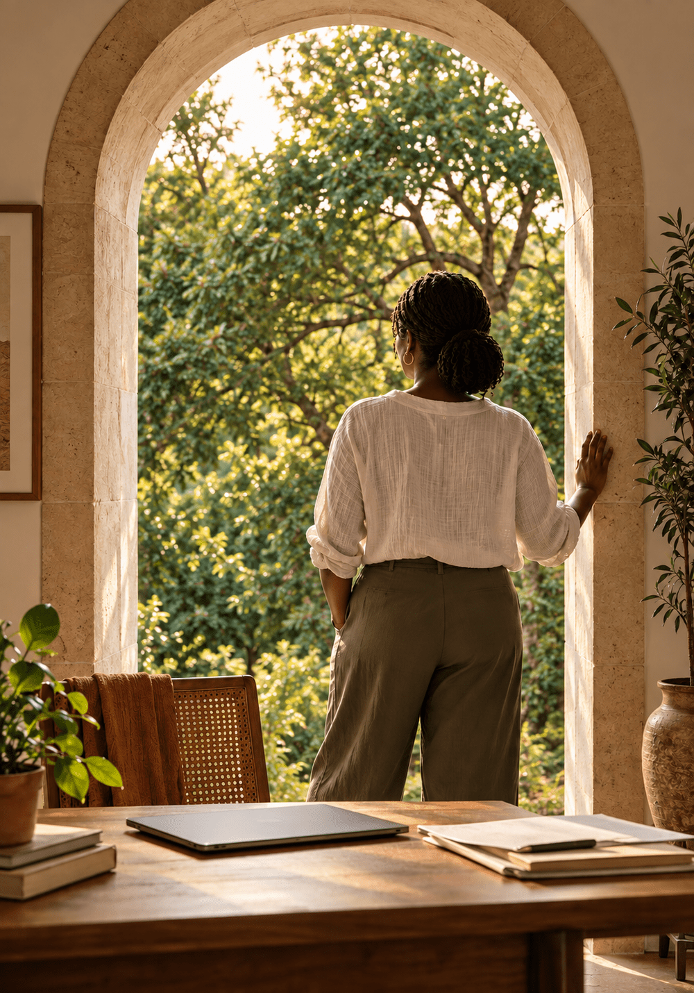 A woman stands at an arched doorway beside her desk, looking out into a sunlit garden.