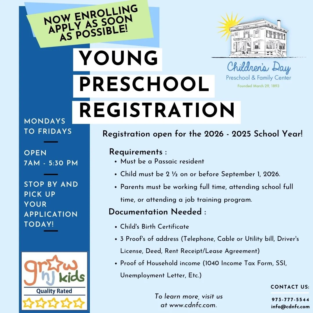 Registration is now OPEN for our Young Preschool classroom! We&rsquo;re proud to be a 5-star GROW NJ Kids program, offering high-quality, nurturing care for children and families in Passaic. If you know a family in Passaic looking for childcare, plea