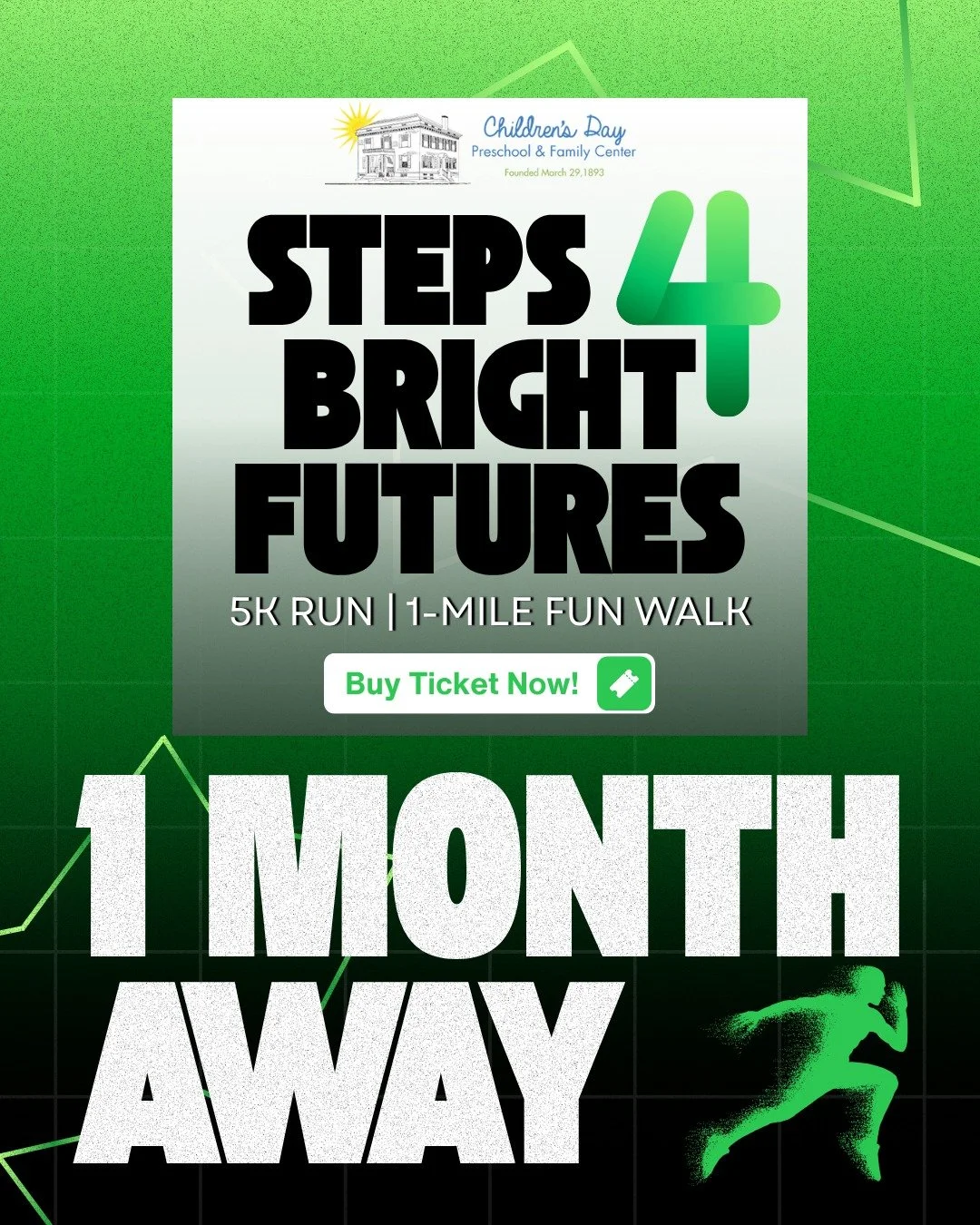 ONE MONTH TO GO! 💚🏃&zwj;♂️
We&rsquo;re officially one month away from our Family 5K Run/Walkathon, and we need YOUR support! 🎉
Every ticket helps Children&rsquo;s Day Preschool continue providing quality early childhood education and essential ser