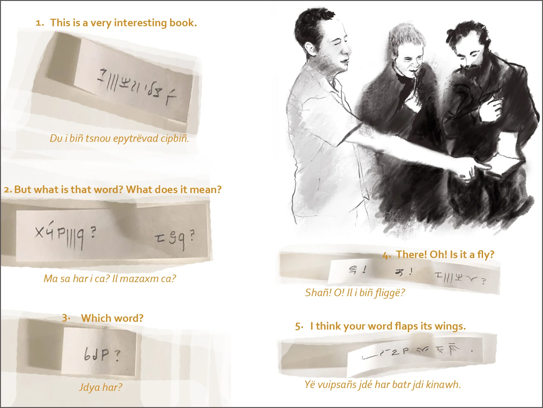 Questions in Tapissary do not reverse the verb and subject as they do in English. “But what is that word? What does it mean?” become ‘But that word be what? It mean what?’ There! Oh! Is it a fly? becomes ‘There! Oh! It be a fly?’ My thanks to the guys in German class who posed for the sketch above.