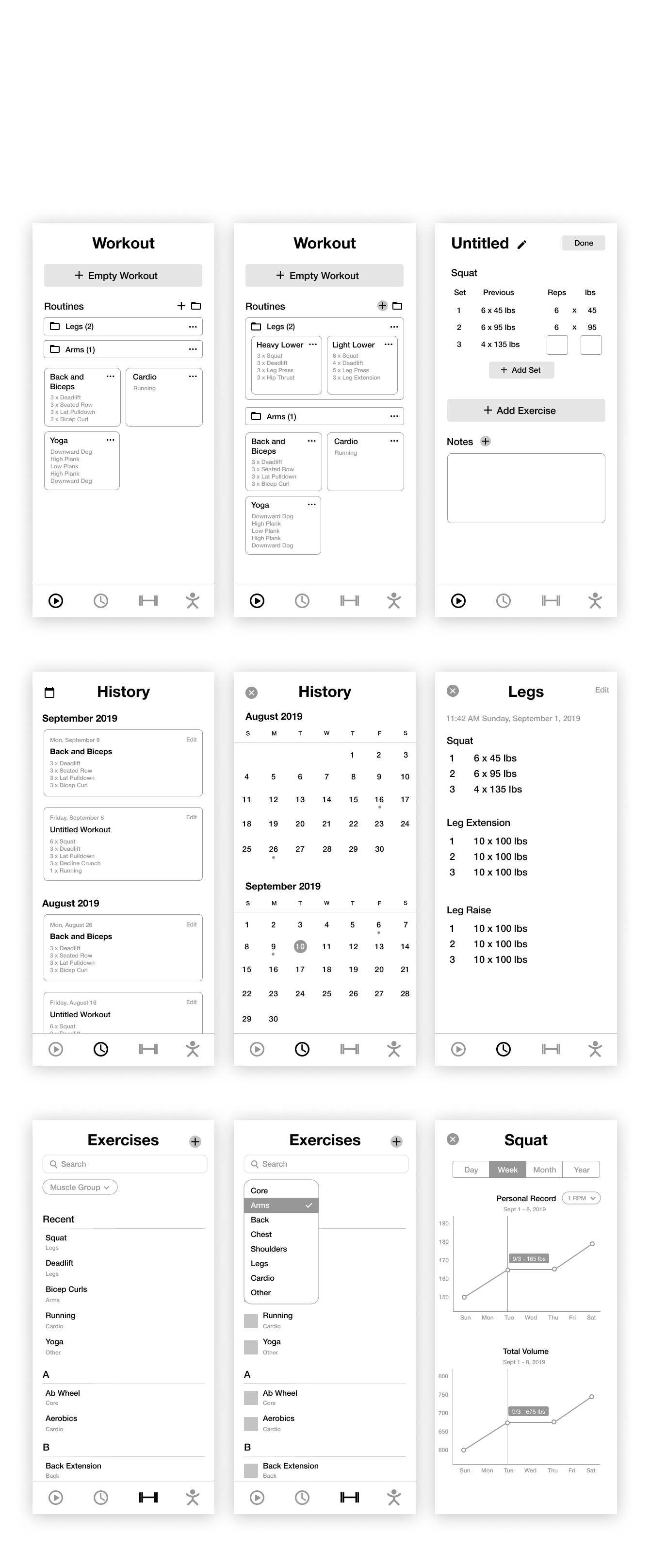 Iteration 1 In an attempt to make the app as customizable as possible, I tried to include a lot of more advanced features like the option to create workouts in advance as well as log exercises while you are working out. I also wanted people to be