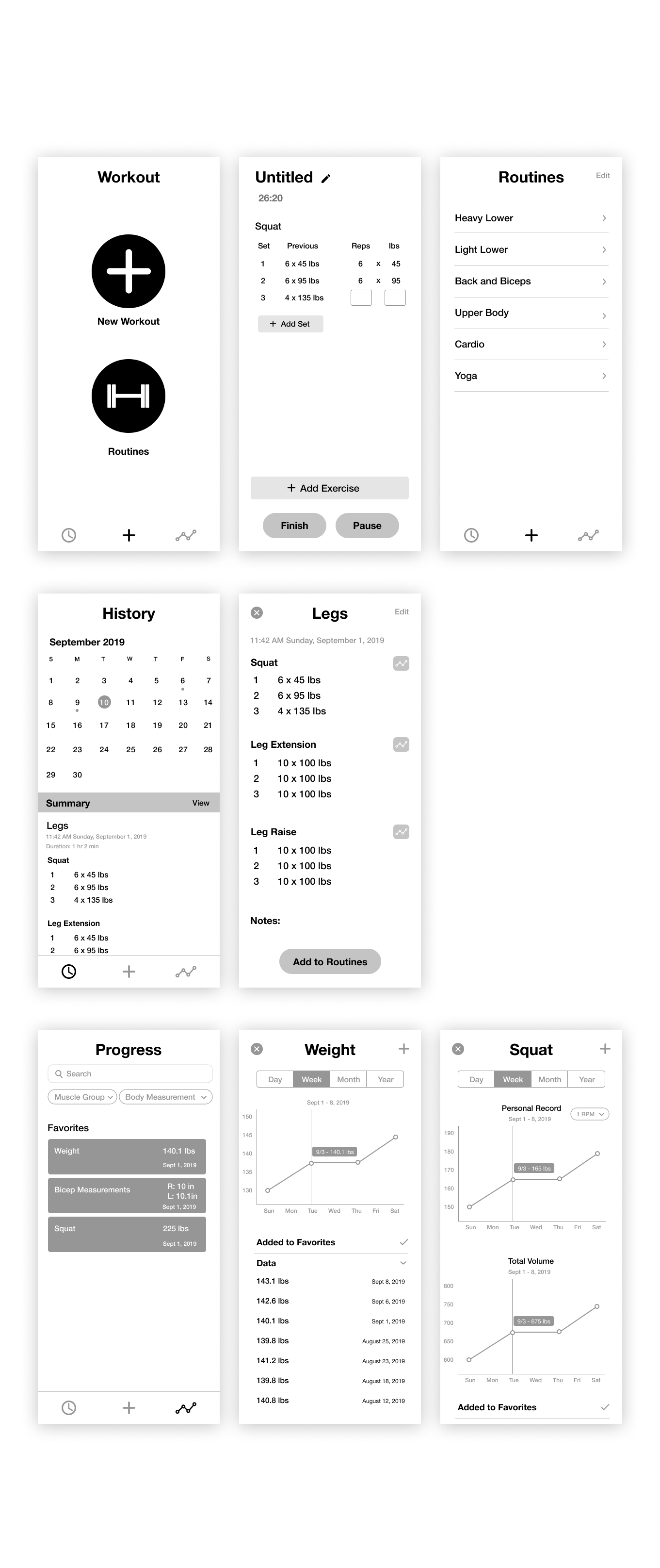 Iteration 2 In my second iteration, I simplified the workout page because my designs for creating a new routine vs. starting an existing saved routine were confusing. I also removed a number of features to focus on the core needs of my user such