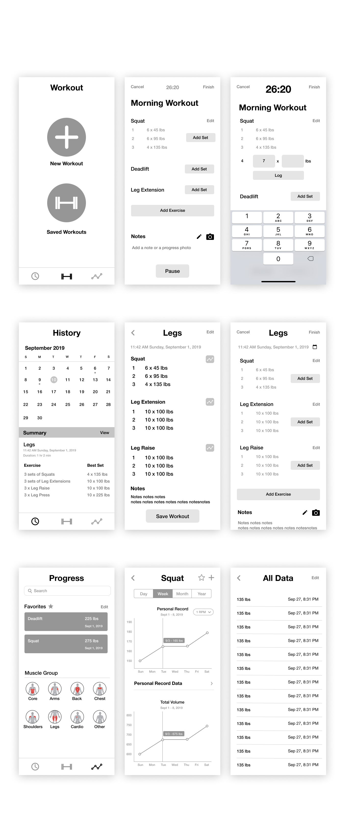 Iteration 3 For the workout page, I mostly changed the design for adding a set so that the tap target would be larger. For the progress, I decided to remove body measurements as trackable metrics and decided to only focus on progress for exercis