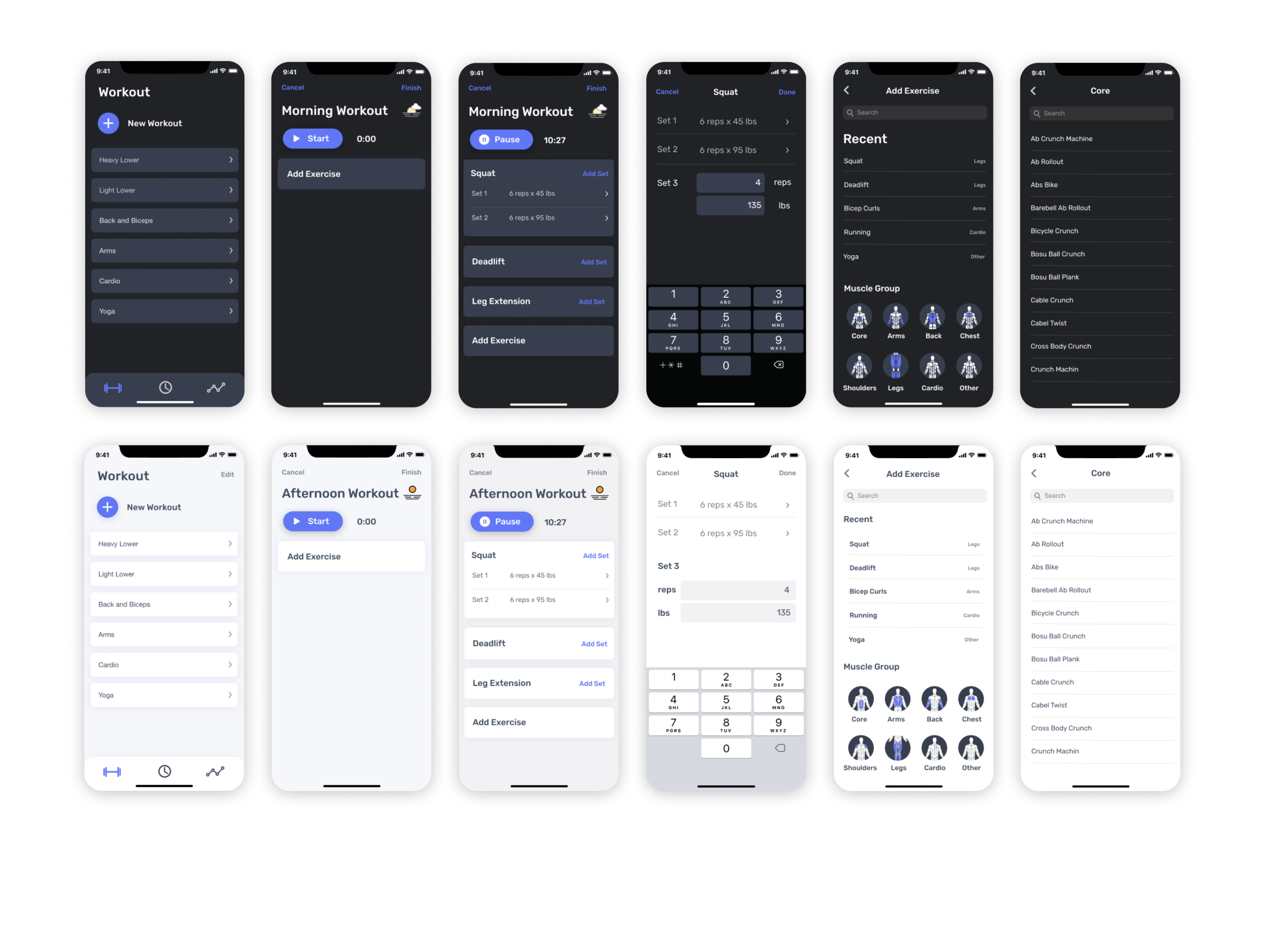 History Workout history is in a calendar view so that users can see their history chronologically and view their workout summary. They can edit their past workouts and add them to saved workouts in case they want to repeat the same workout in the