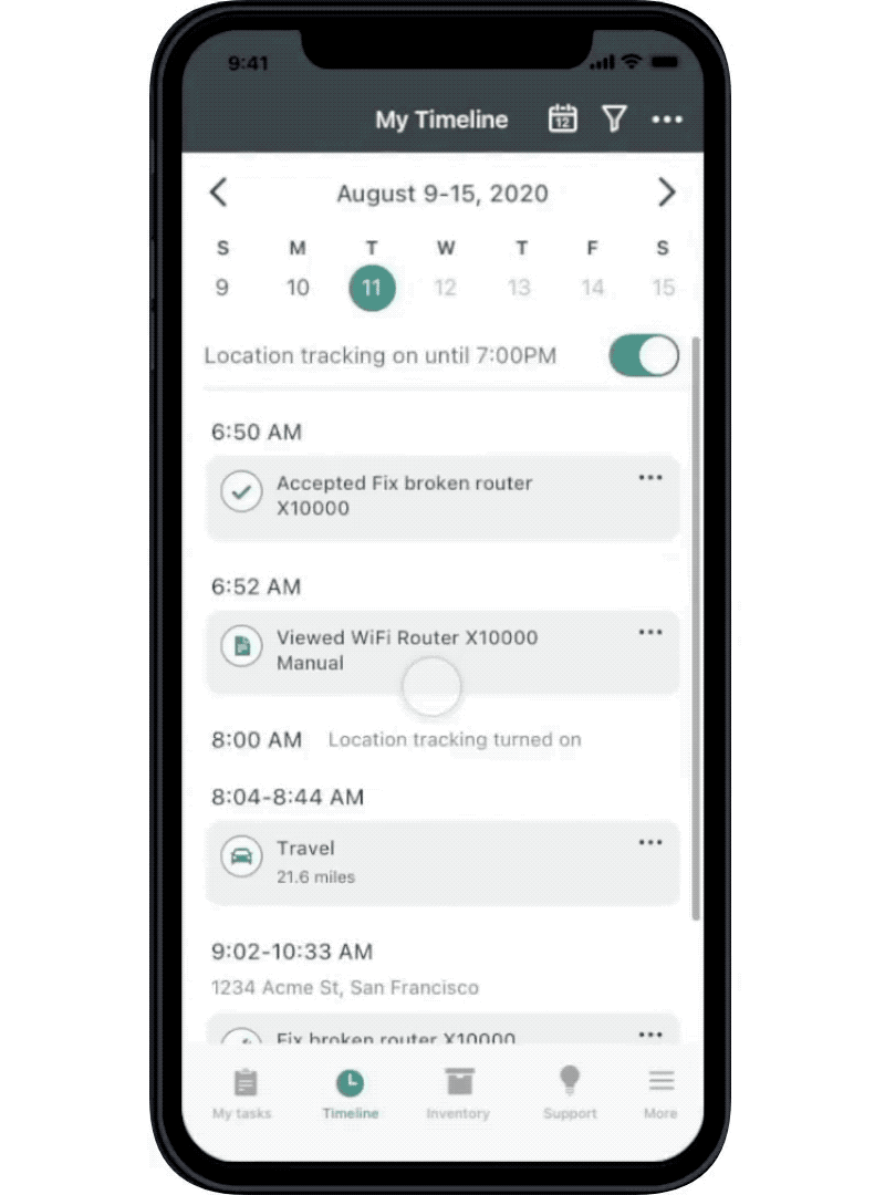 Timeline lets employees easily see each activity they did throughout their work day and helps save time when logging mileage or adding hours to their timecard.