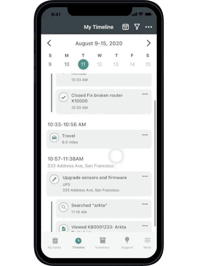 To help employees refer back to their activity history, Timeline allows employees filter through their activity by date and activity type. Employees are also able to schedule when the location tracking will automatically turn on and off so they will