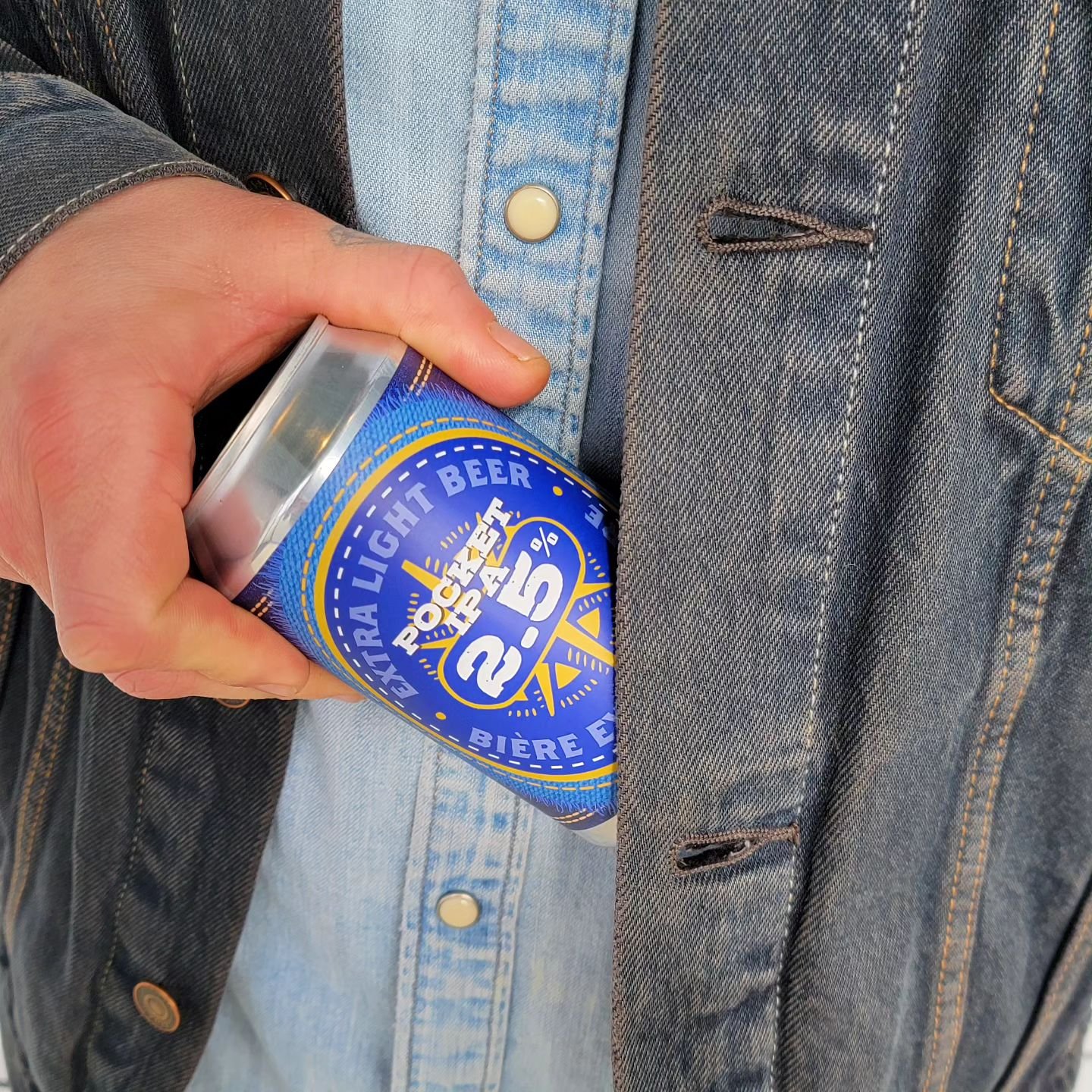 || GET &quot;IN THE POCKET&quot; ||

This ultra light IPA is only 2.5% ABV, but it packs a ton of flavour into one adorable little denim-patch themed can. The perfect beer when you want something that hits big with flavour, but is light on alcohol. 
