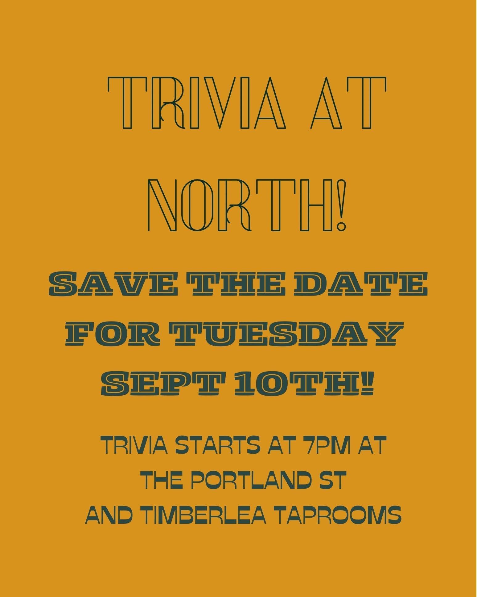 || 📝 TRIVIA TUESDAY SEPTEMBER 10th 📝 || 

Save the date, and join us for the last trivia of the summer on Tuesday September 10th! Bring your teams and test your knowledge, it&rsquo;s going to be a blast! 🎉🧠

Here are the details:

Swing by our ta