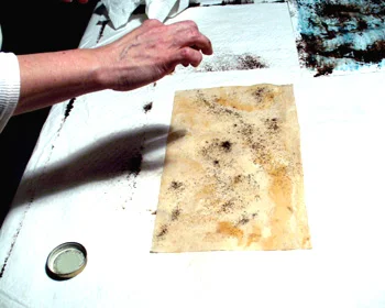 Wet ivory Caba bark paper and sprinkle on walnut ink.