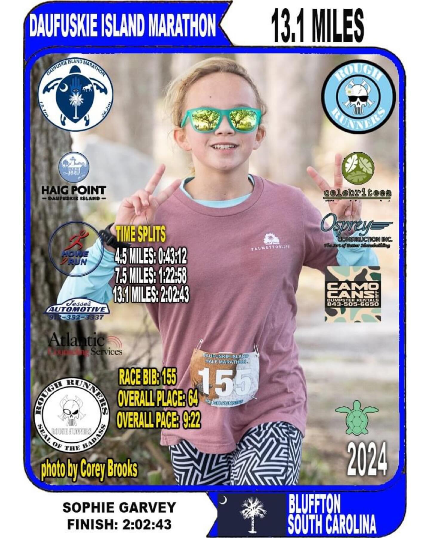 A big Rough Runners shoutout to 12 year old, Sophie Garvey, on her amazing performance at the 2024 Daufuskie Island Half Marathon! Her finish time was a very respectable 2:02:43, finishing 64 out 273 other runners! She was also the 2nd female in the 