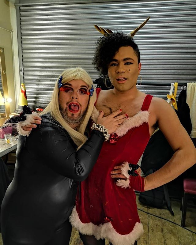 Beauties! Horrora Shebang with the wonderful @travisalabanza at @davidhoyleuniversal Xmas extravaganza! #dragsyndrome #queen #drag #downsyndrome