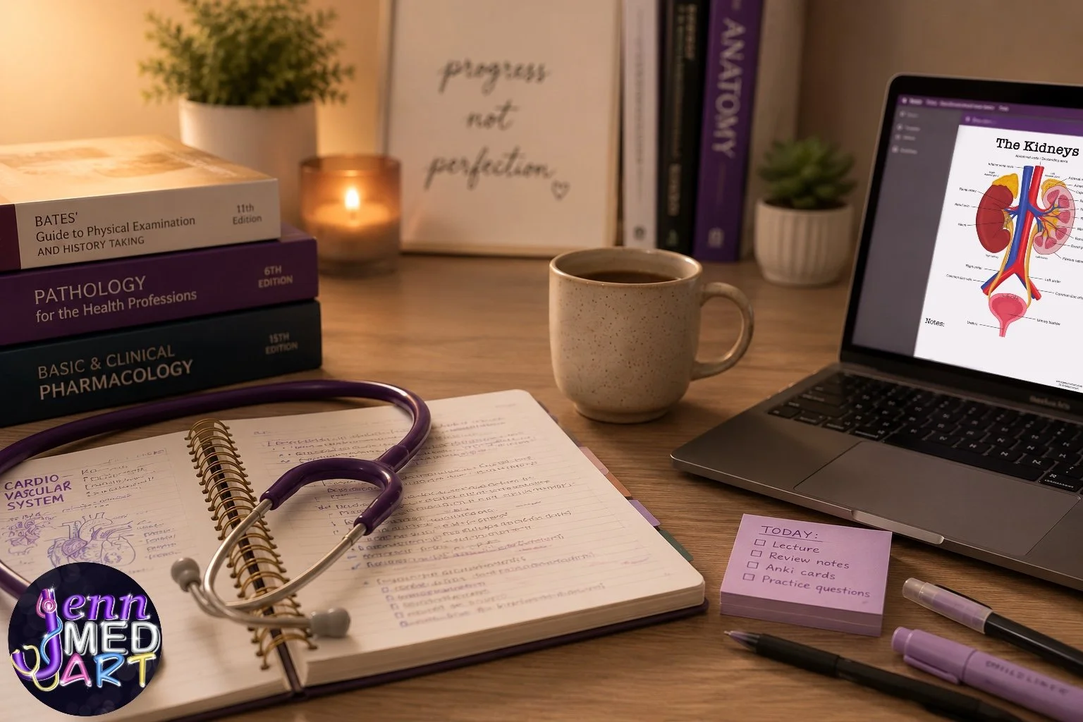A workspace with medical textbooks, a spiral notebook, a purple stethoscope, a coffee mug, a laptop displaying an anatomy diagram of the kidneys, a small potted plant, a framed quote, a lit candle, and a pink sticky note with a to-do list.