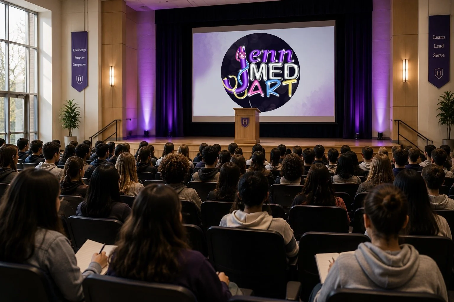 Large audience listening to a speaker on a stage in a conference room. The screen behind the speaker displays the words 'Jenn MED Art' with colorful neon-style text. The room has tall windows on the left and banners on the walls.