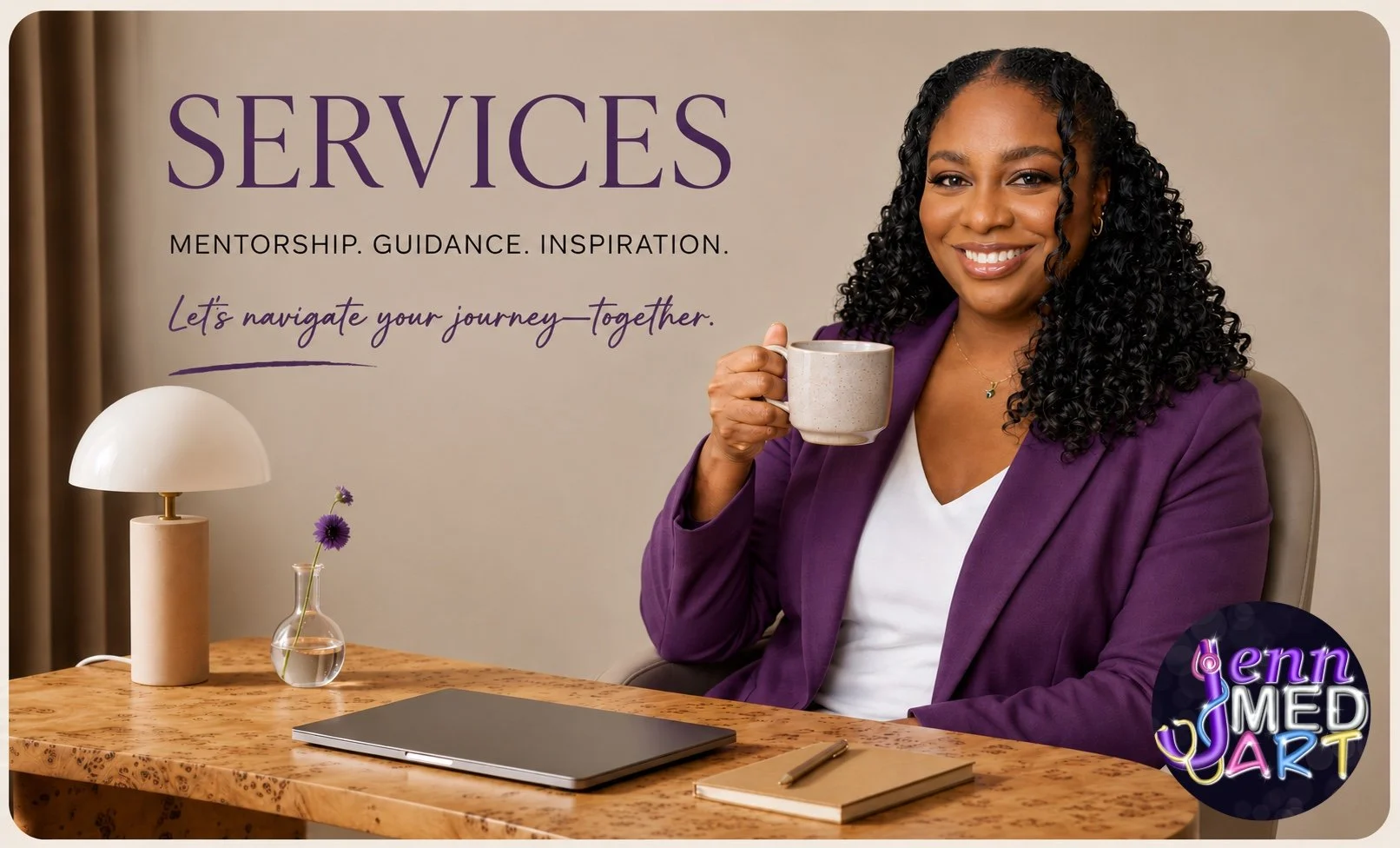 A woman with curly hair in a purple blazer holding a mug, sitting at a wooden desk with a laptop, notebook, pen, and a small table lamp with a flower in a glass vase in a room with beige walls. Text on the wall reads, 'Services, Mentorship, Guidance, Inspiration, Let's navigate your journey—together.' There is a logo in the bottom right corner that says 'Lenn Med Quart' with colorful text and a stethoscope icon.
