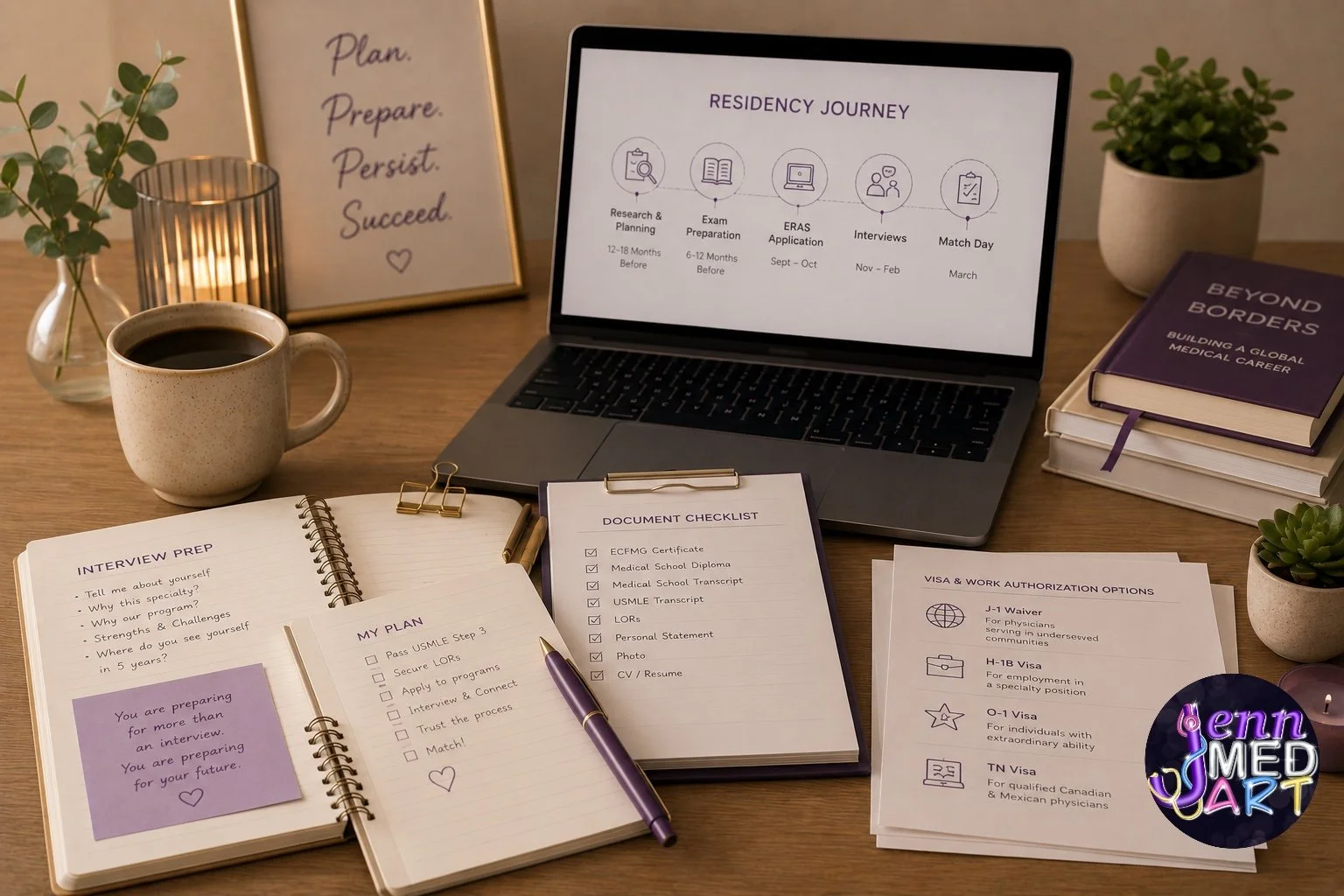 A desk with a laptop displaying a residency journey plan, a coffee mug, a notebook with interview prep questions, a document checklist, several papers with visa options, and books. Small plants and a framed quote are also on the desk.