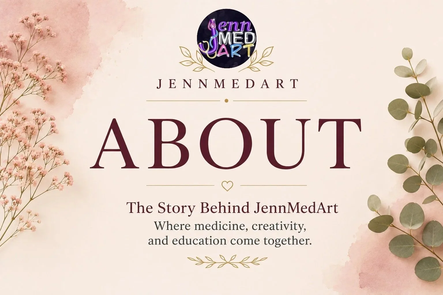 Display image for JennMedArt titled "About" with floral decorations and the subtitle "The story behind JennMedArt: where medicine, creativity, and education come together."