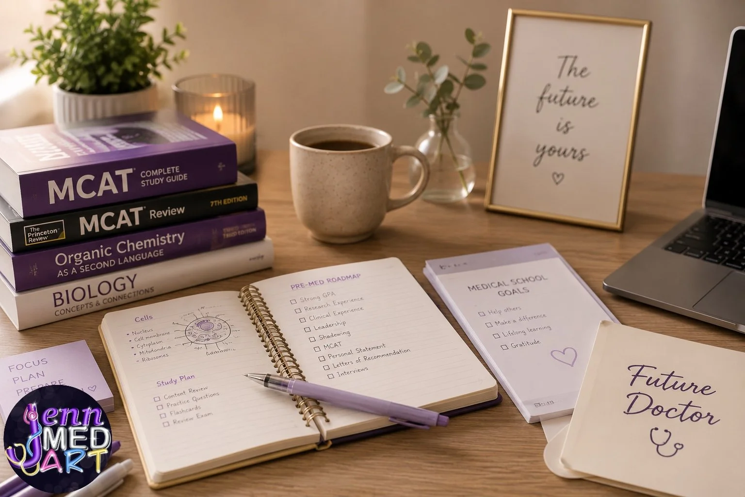 Overhead view of a study desk with books, notebooks, and study materials related to medical school, a cup of coffee, a small plant, a candle, a framed quote reading 'The future is yours,' a laptop, and a folder labeled 'Future Doctor'.