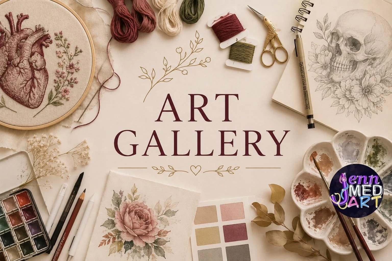 Art supplies including embroidery hoop with a stitched heart, watercolor paints, brushes, markers, colored pencils & yarns, arranged around the words 'Art Gallery' on a beige background, with sketches, dried flowers, and a logo reading Jenn Med Art.