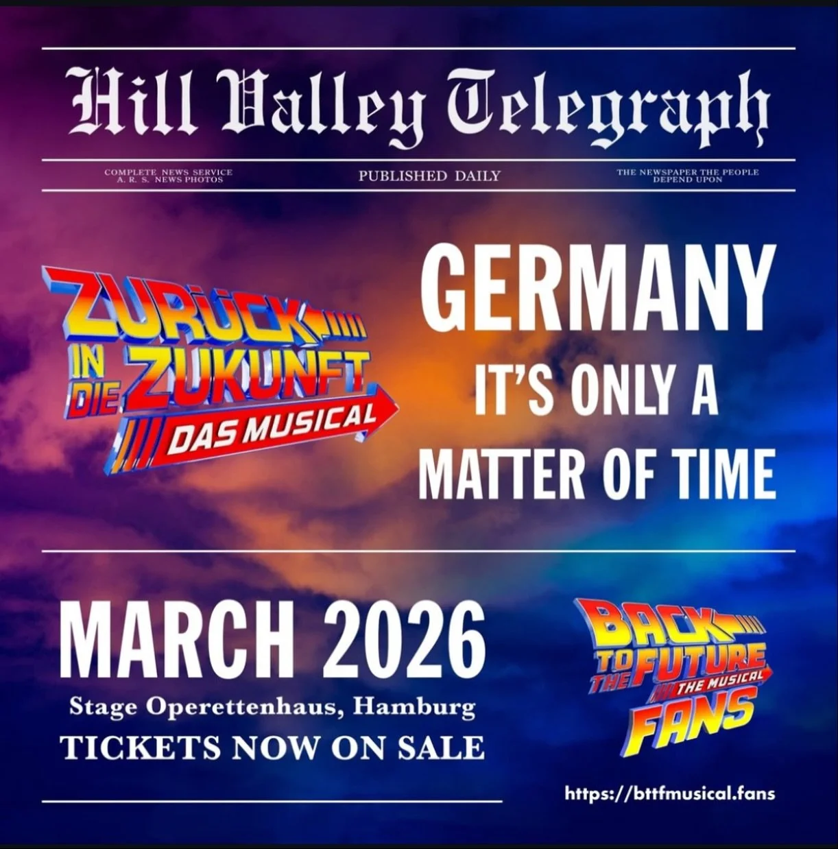 Back To The Future: The Musical coming to Germany!
Previews from Sunday 15th March 2026
Stage Operettenhaus, Hamburg
Tickets now on sale!

@zurueckindiezukunft_musical  #bttf #bttfthemusical #bttfmusicalfans #bttffans #backtothefuture #backtothefutur