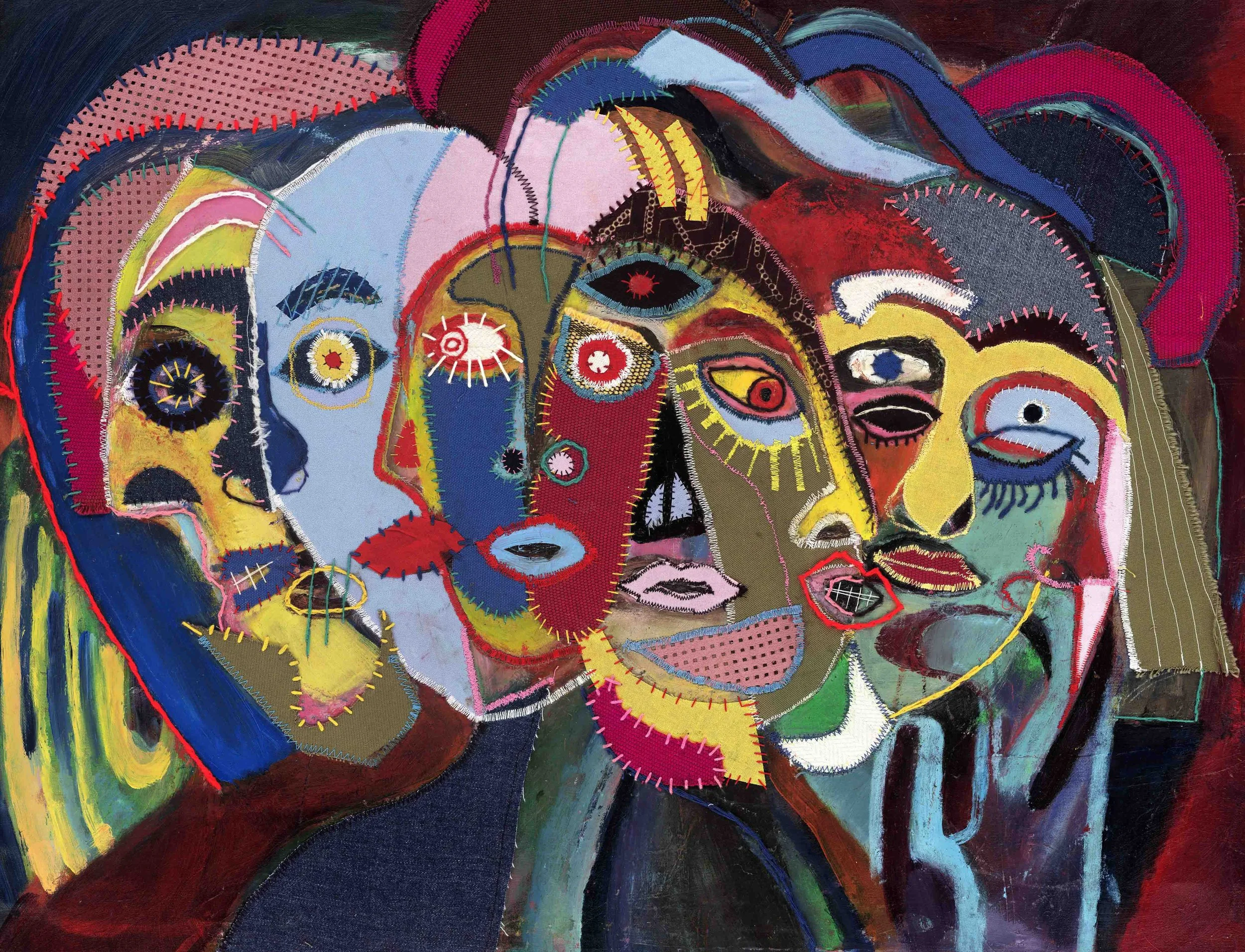 J"ardin de visages" 2026, textile on canvas, 65x50cm