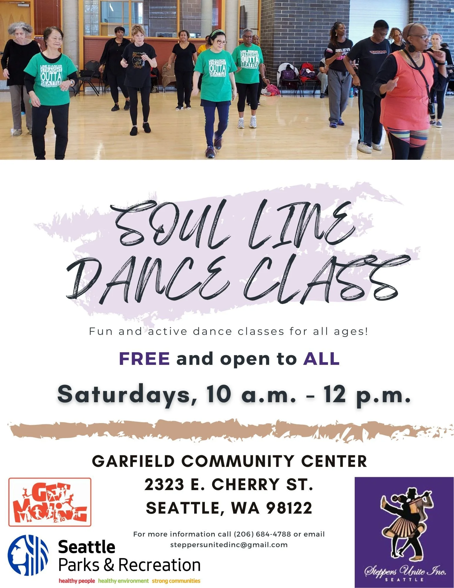 Soul line dance class.  Free for all.  Saturdays 10:00 - 12:00 pm at Garfield Community Center.