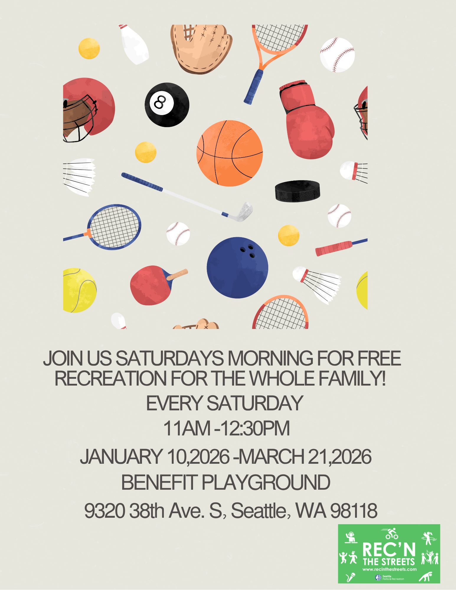 Mobile playground at Benefit park, 9320 38th Ave. S.  Saturdays from 11am - 12:30pm.  Recreation for the whole family.  Hosted by Rec 'n the Streets.