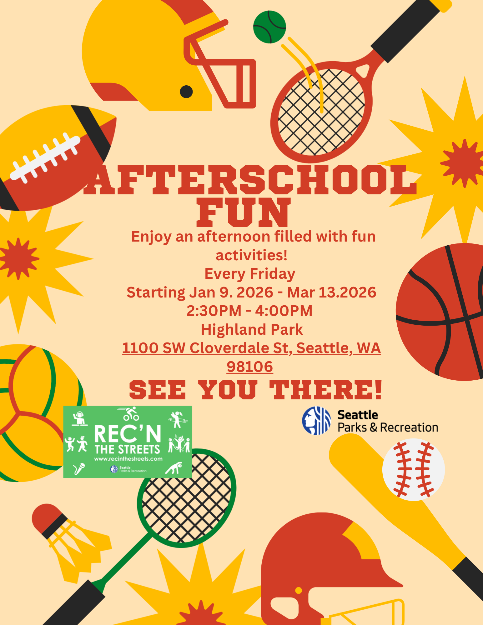 After school fun at Highland Park, 1100 SW Cloverdale St. from 2:30 - 4:00pm.  Hosted by Rec 'n the Streets.