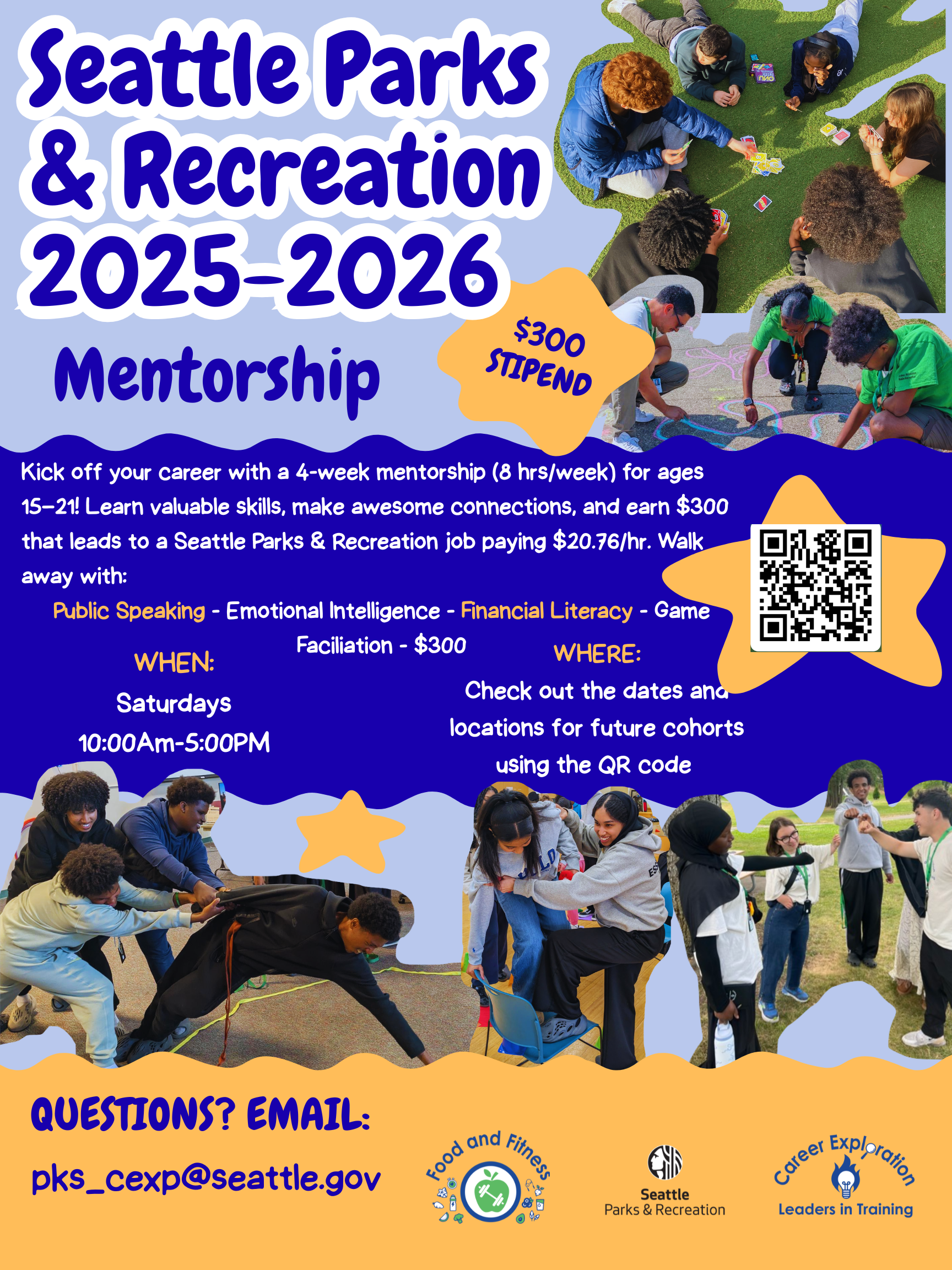 Seattle Parks & Recreation 2026 Mentorship.  $300 stipend. Saturdays 10am - 5pm for 4 weeks.  Ages 15-21  For questions email pks_cexp@seattle.gov