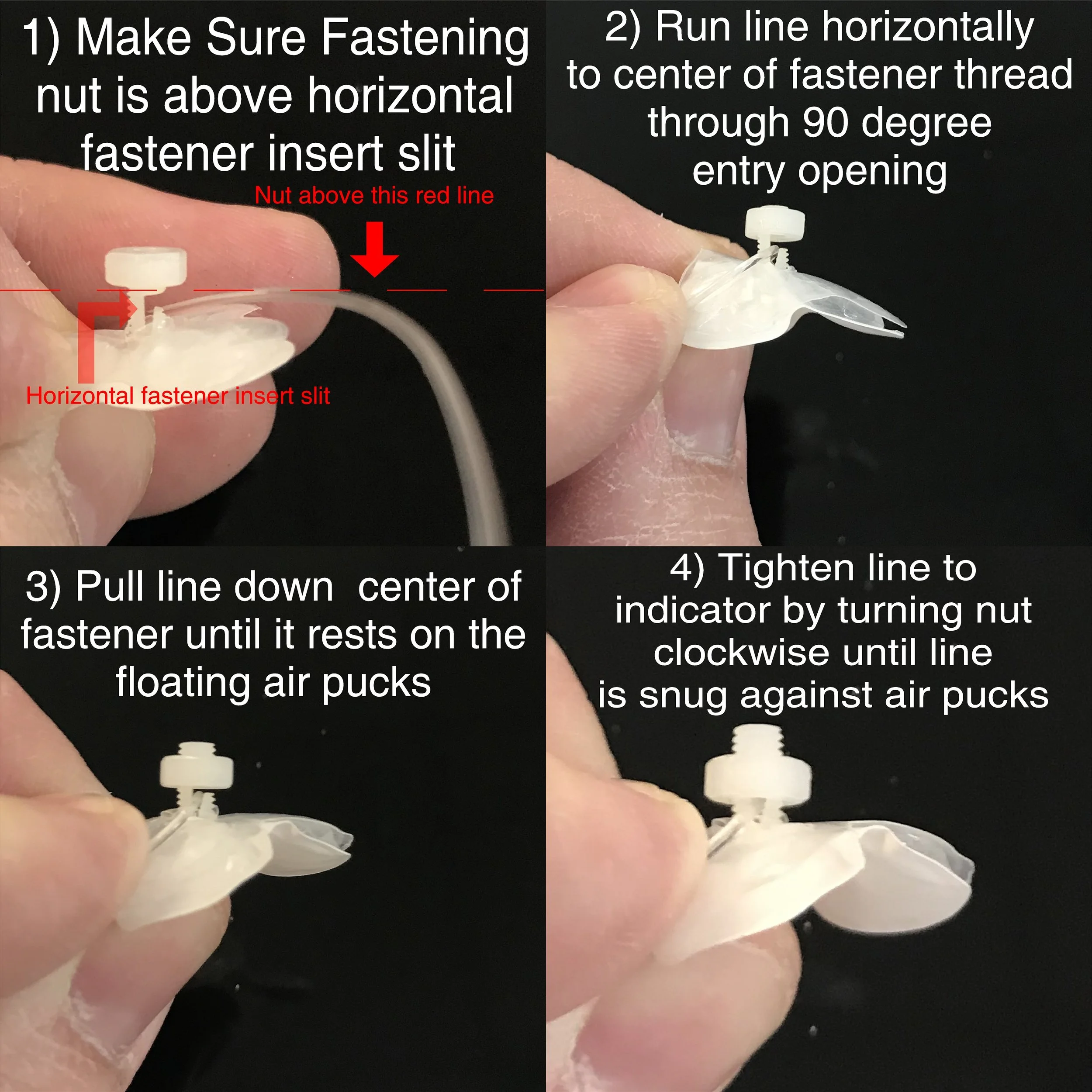 Easy secure line attachment method, no kinking of line, and no lost nuts.