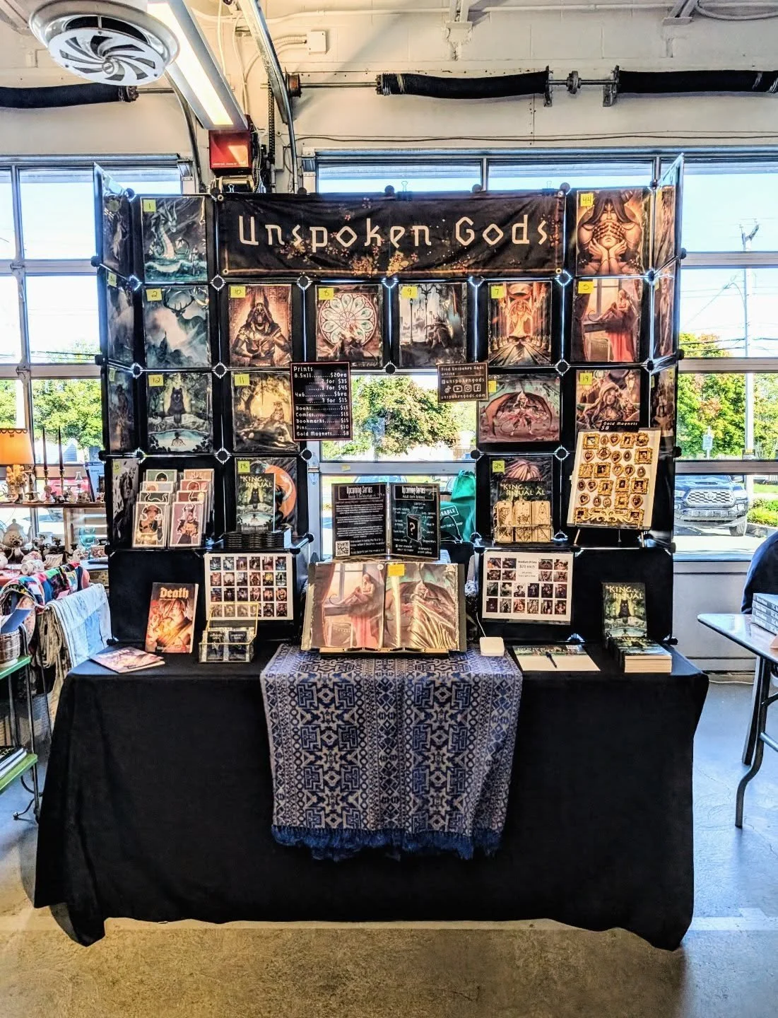 All set up for the @sjfmnl Book Fair! 

Come grab prints of your favourite characters, and get the first sneak peak of the upcoming novel 👀

Here from 10 - 3pm before I hide away again until October!

#originalcharacter #unspokengods #kimberleycrawf