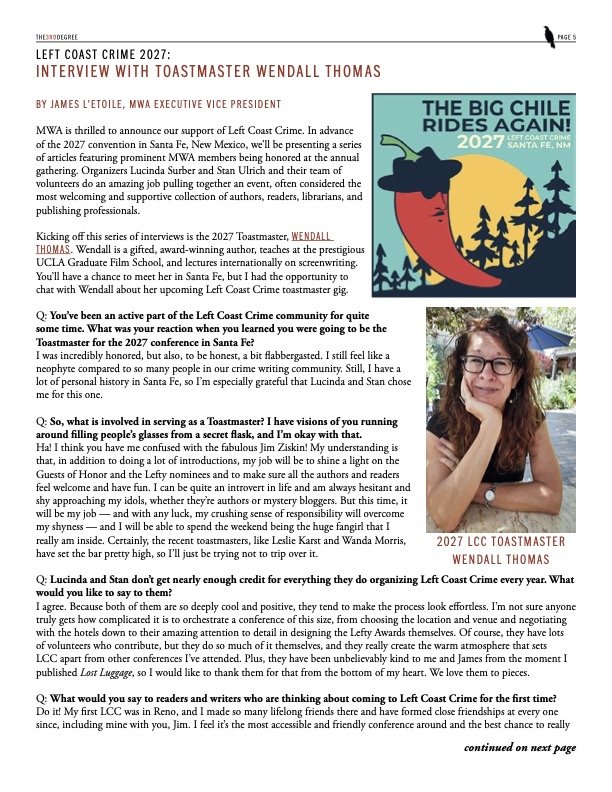Interview in this month's Mystery Writers of America Newsletter.
