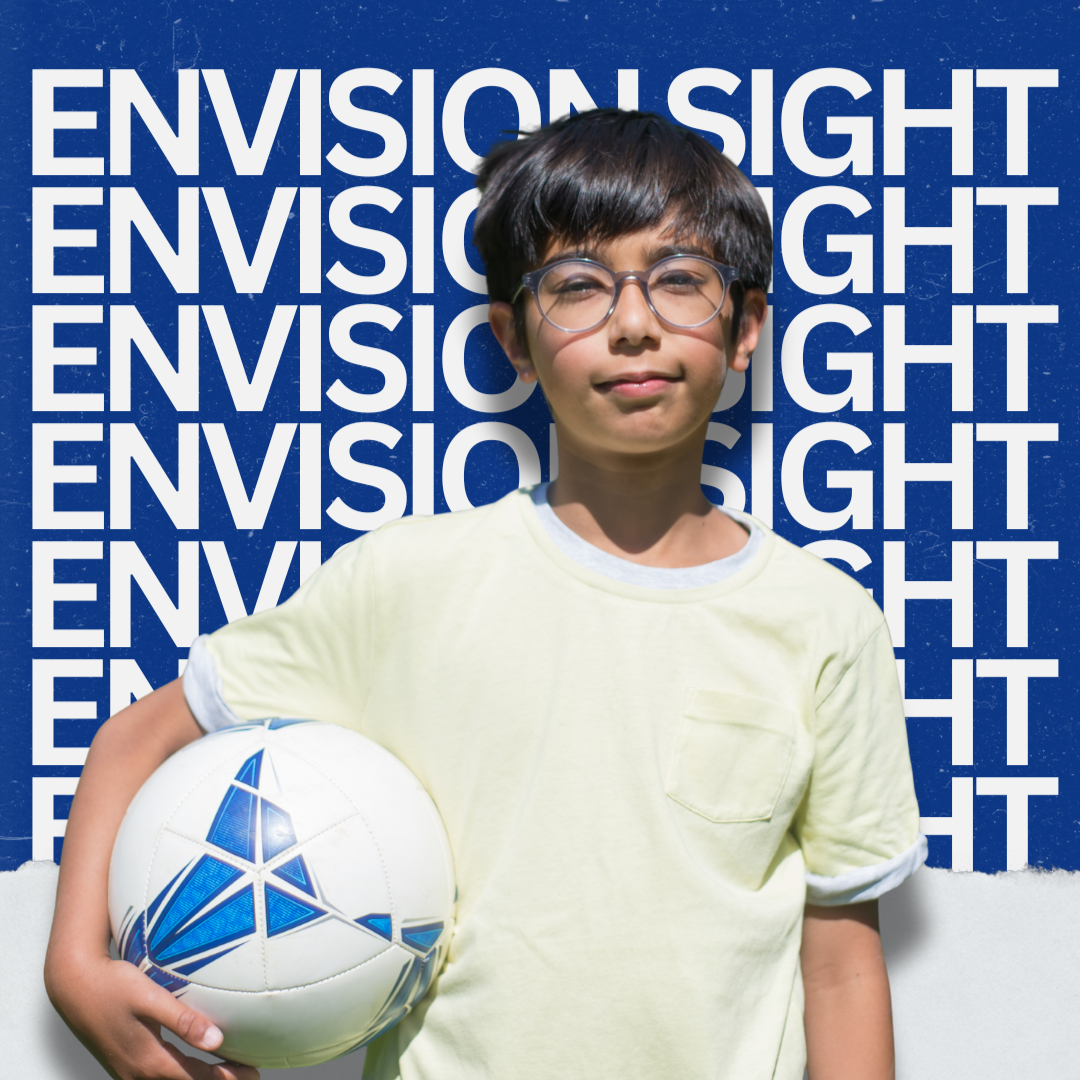 A boy with glasses holding a soccer ball, standing in front of a blue background with the word 'ENVSION' repeated in white text.
