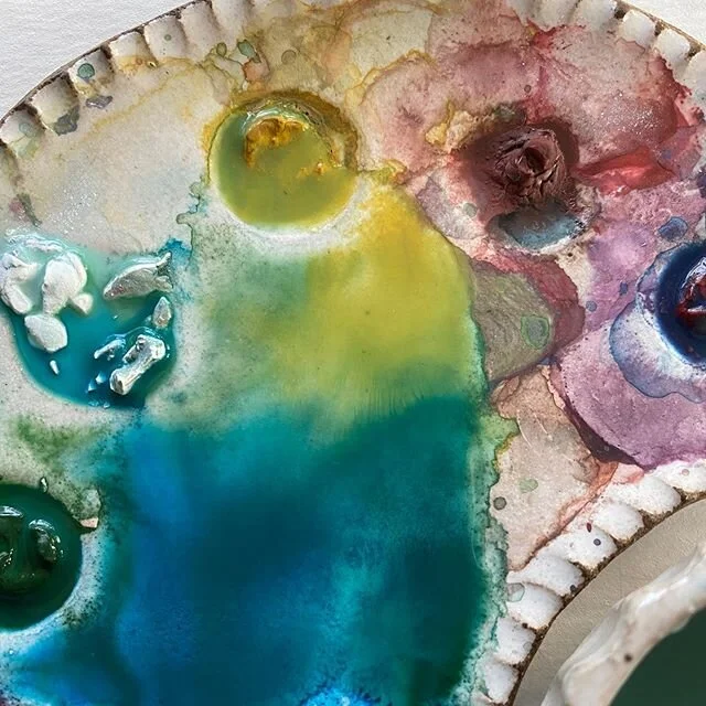 As an artist, I find a lot of poetry in the gouache paint palette.  The paints are mixing constantly with each other blending into new shades and combinations. The palette is the start of my inspiration of every painting. 
I love creating new recipes