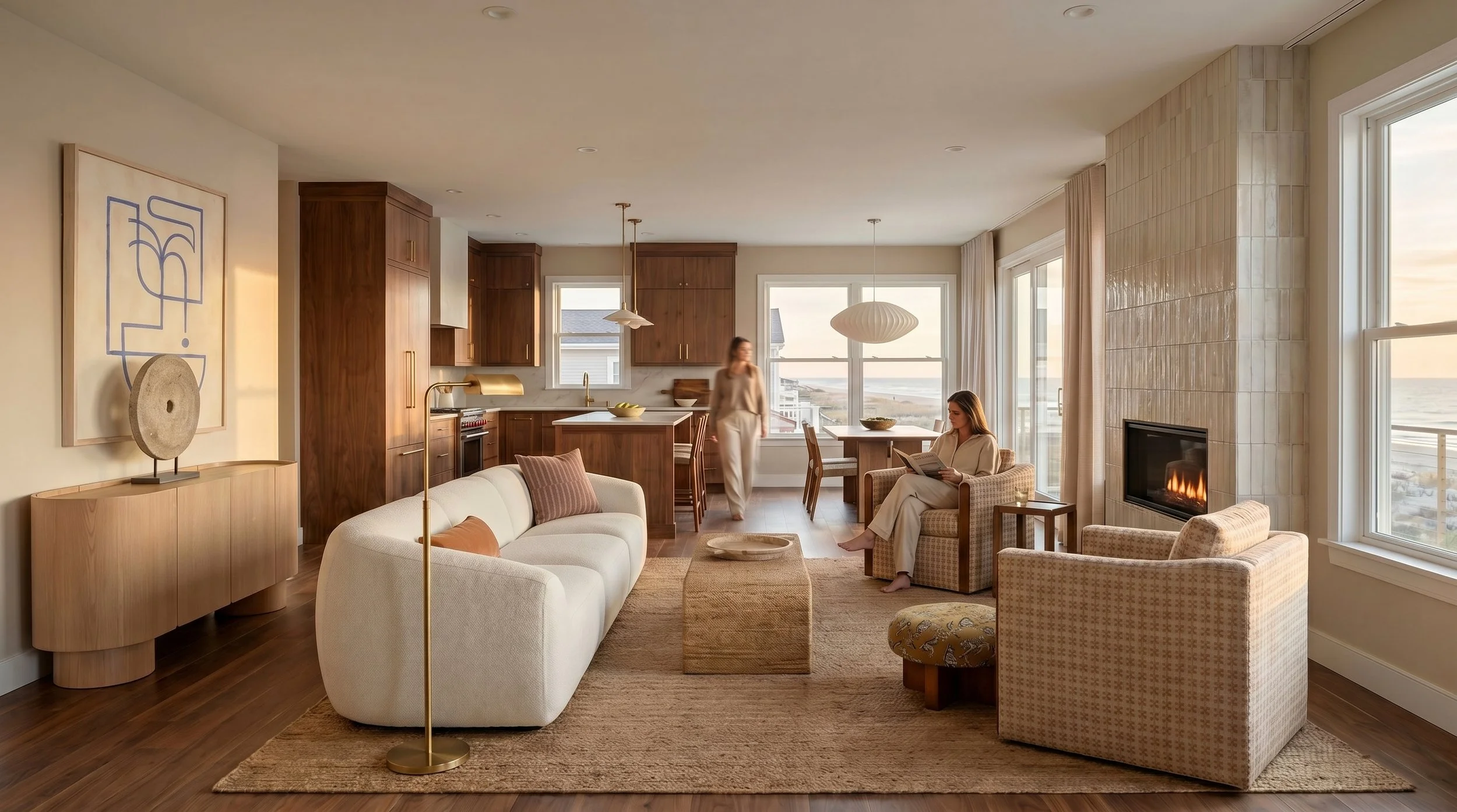 Open-concept living room with a woman sitting in a chair reading a newspaper and another woman walking near the kitchen area, with large windows overlooking a seaside view, modern wood furniture, fireplace, and contemporary art on the wall.