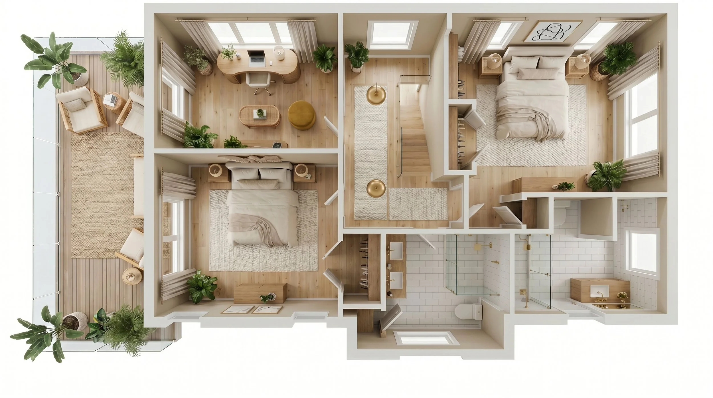 Top-down view of a modern apartment layout featuring two bedrooms, a bathroom, a living area with a desk, and an outdoor balcony with chairs and plants.