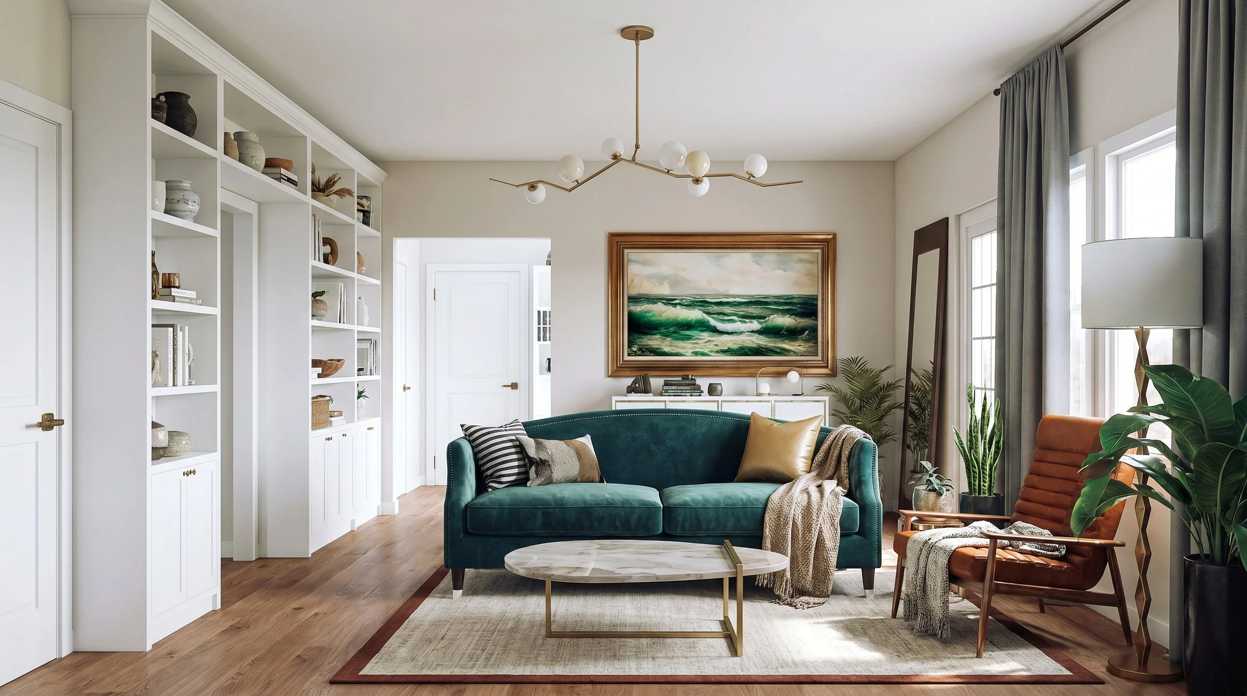 Living room with white built-in shelves, a green velvet sofa, a white marble coffee table, and orange armchair. Wall art of ocean waves, books, plants, and a modern gold chandelier.