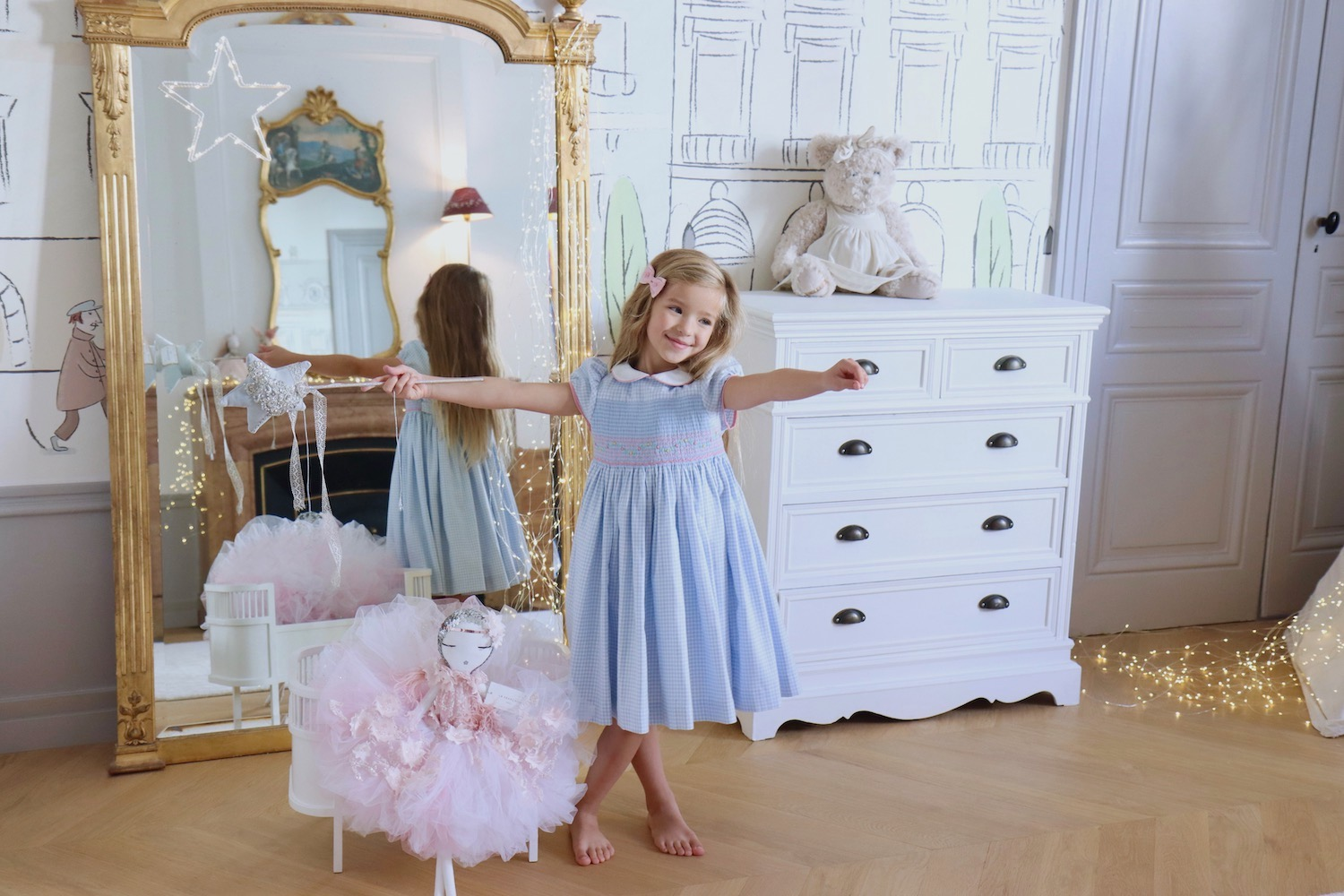 Girl wearing an elegant French children’s dress, Parisian children’s clothing, special gift for a granddaughter