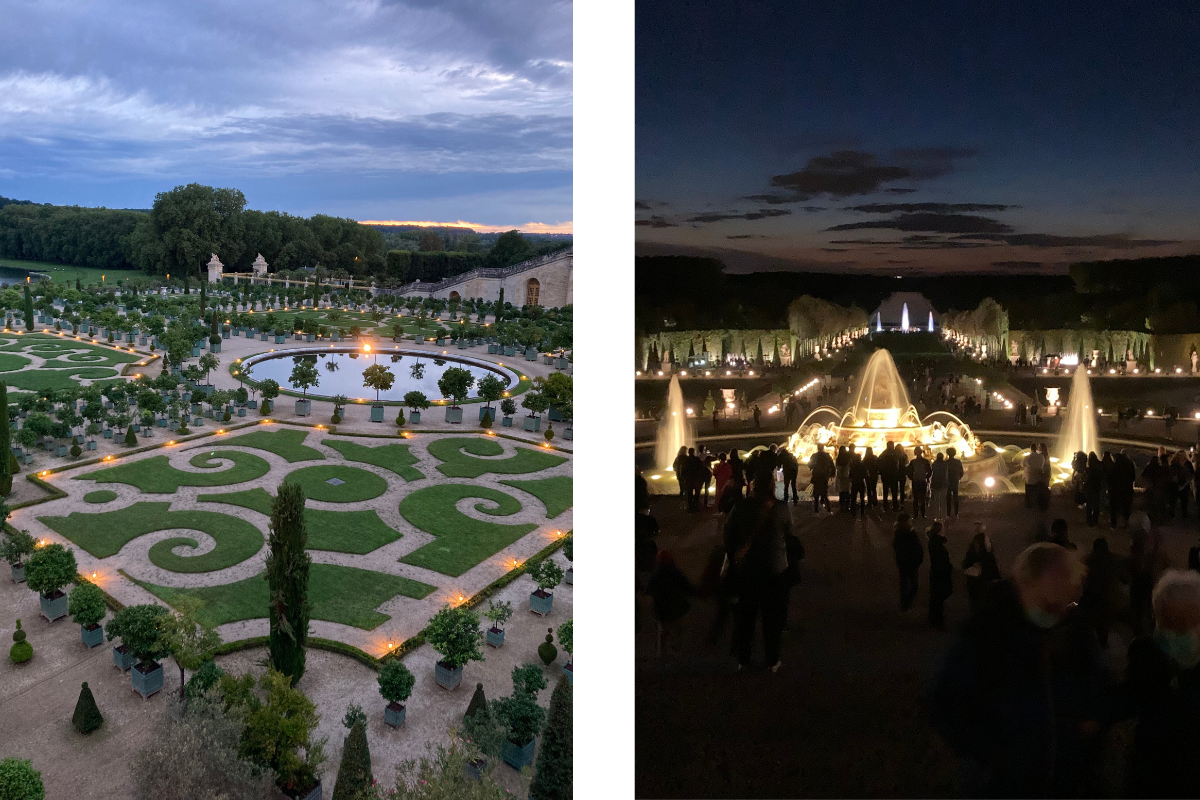 Palace of Versailles Night Fountains Show with children in August.