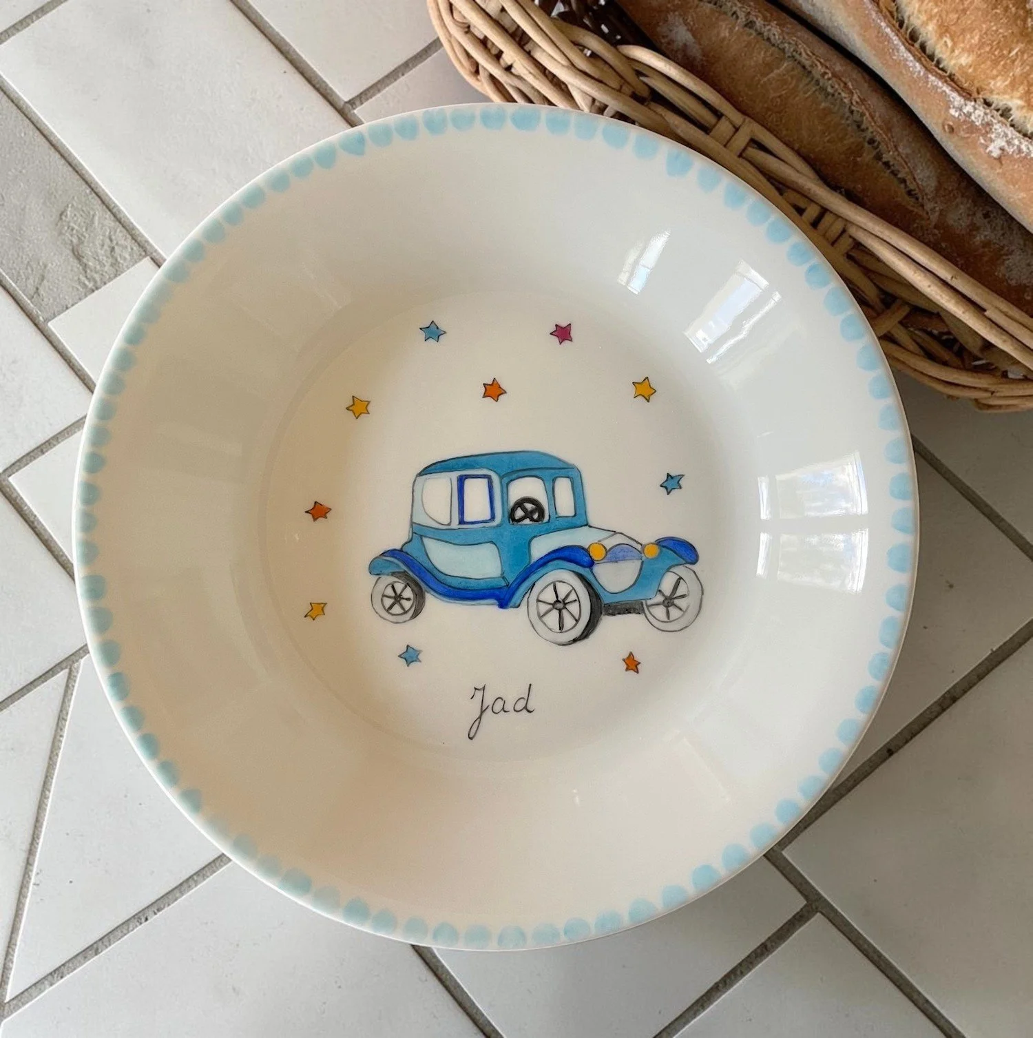 Baby boy bespoke gift vintage car theme porcelain tableware made in France