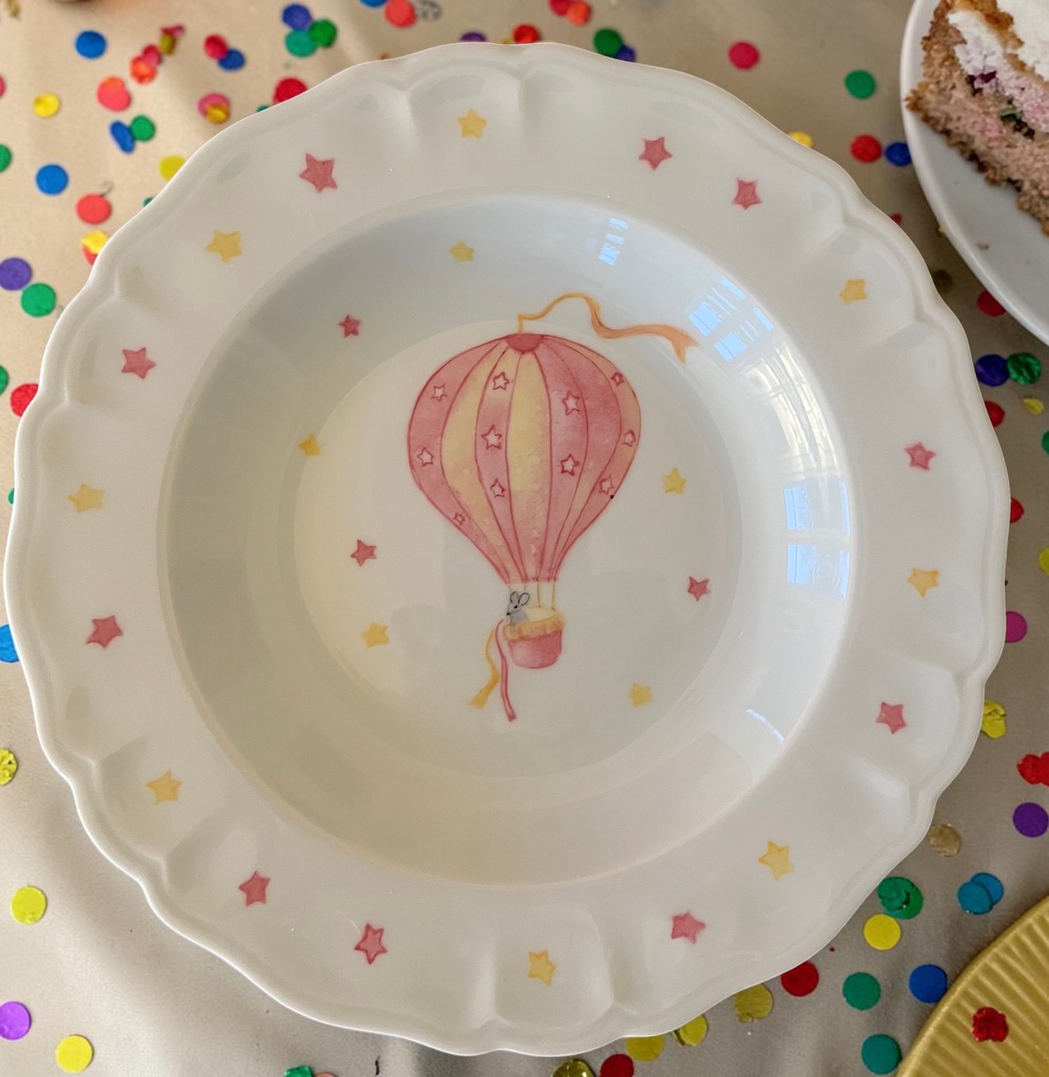 Hand painted porcelain plate with pink hot air balloon for party