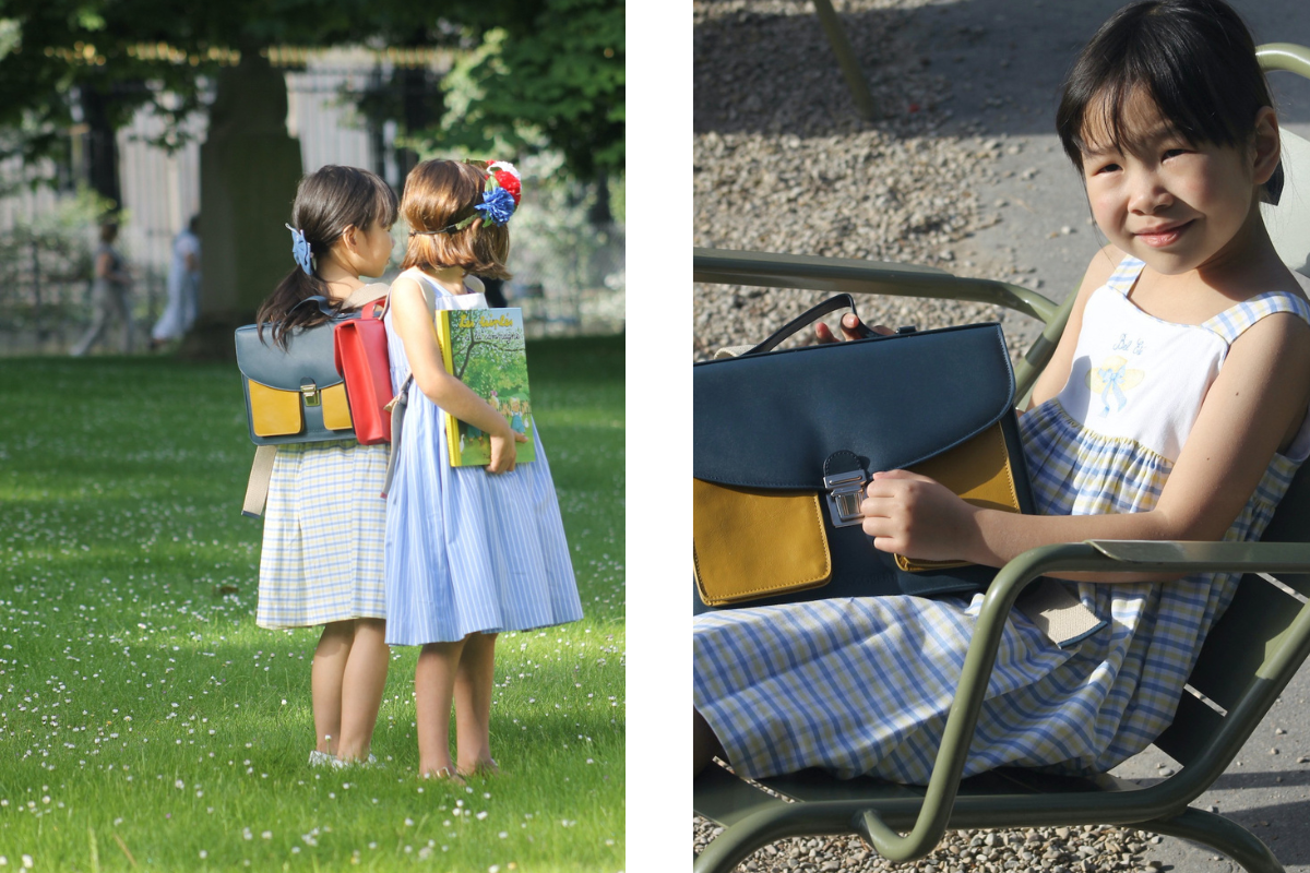 leather school bag, Parisian children's style, French back to school, autumn outfit