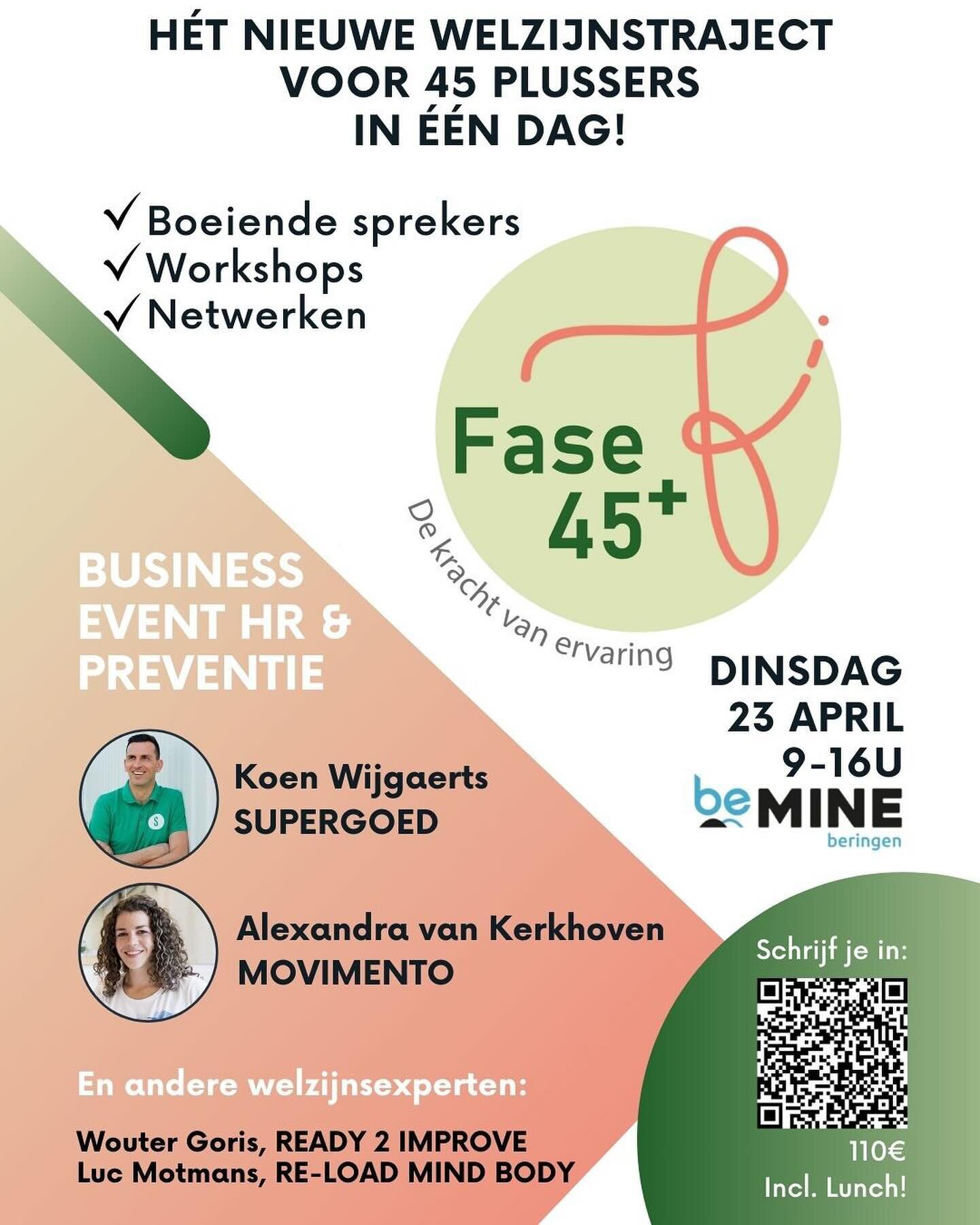 Vind jij welzijn op het werk belangrijk? 
Kom naar ons event FASE45+ op 23 april op @bemine_beringen Inschrijven kan via link in bio! 

Wil je een leeftijdsbewust beleid voeren? 
Werk je in een organisatie met veel vergrijzing en/of ziekteverzuim? 
W