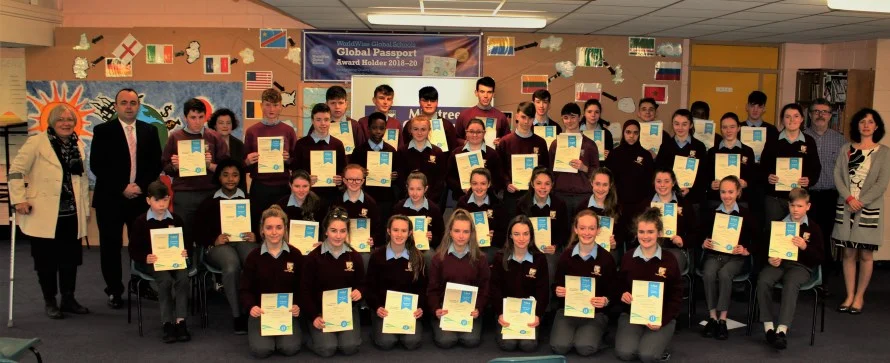 Award Recipients with Pól Ó Síodhcháin, Principal; Frances Moynihan, Deputy Principal; Jennifer O’Donoghue, Assistant Principal (Attendance); John Magee, Chairperson Board of Management; Mona Linehan, Trustee Representative Board of Management.
