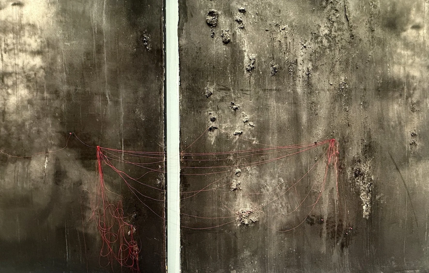 Tarik’s journey is plotted across each triptych with map pins and red thread tying the 3 drawings together - a journey of hope and resilience made in a desperate attempt to reach the shores of Europe