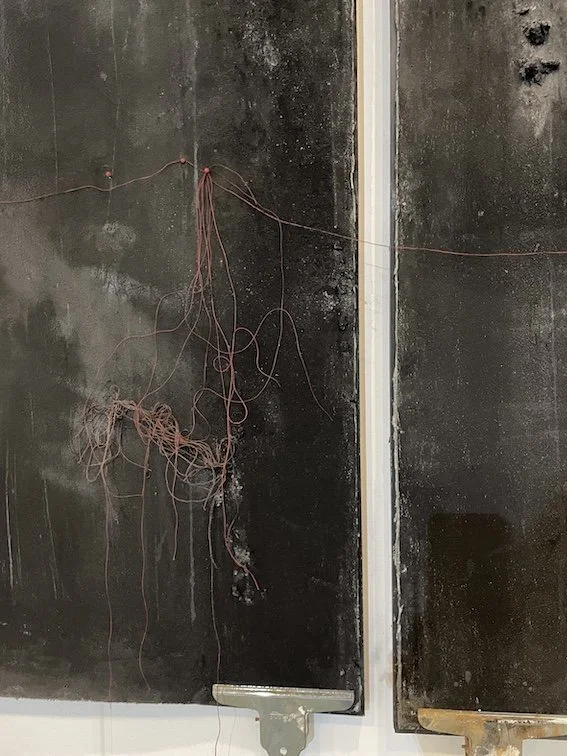 Tarik’s journey is plotted across each triptych with map pins and red thread tying the 3 drawings together - a journey of hope and resilience made in a desperate attempt to reach the shores of Europe