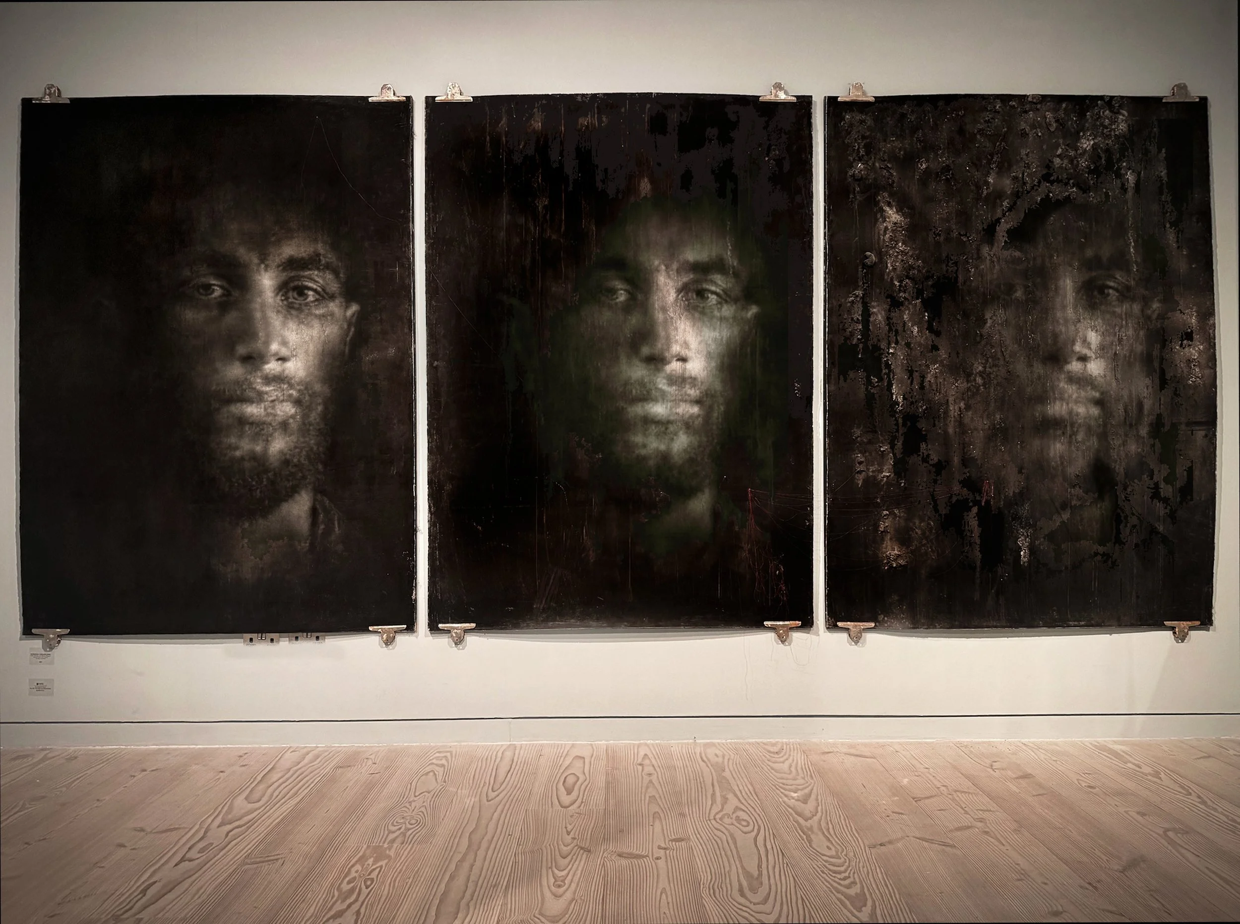Tarik : The Face of a Modern Diaspora - First Prize Royal Society of Portrait Painters Inaugural Drawing Prize 2025 -charcoal triptych 210cm x 450cm 