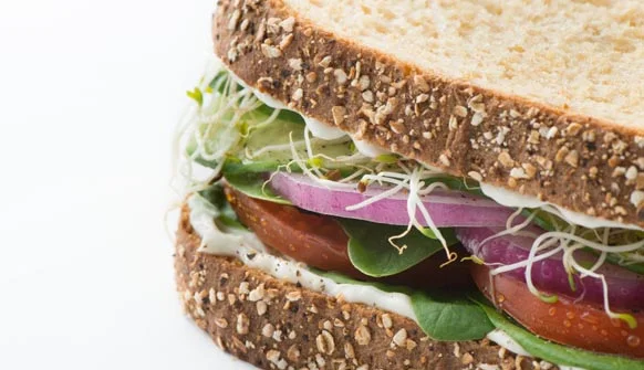 Green Goddess Veggie Sandwich with Fresh Spinach, tomato, red onion, cucumber, alfalfa sprouts
